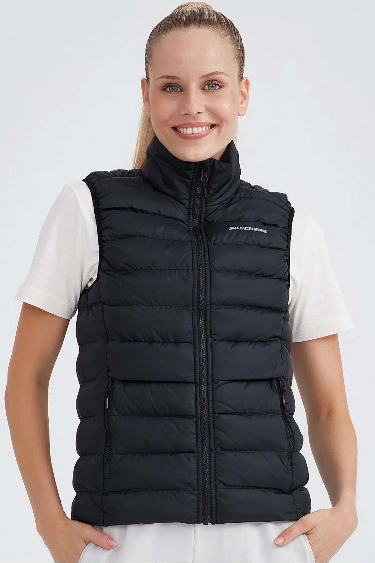 Skechers W Outerwear Pop Up Detailed Padded Vest Kadın Dolgu Yelek Siyah