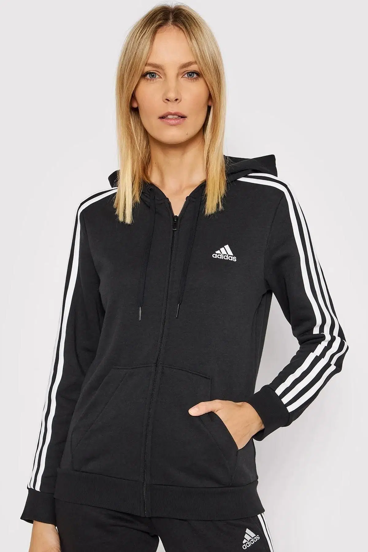 Adidas Sportswear Full Zip Womens Hoodi 3 Çizgili Kadın Kapüşonlu Sweatshirt Siyah