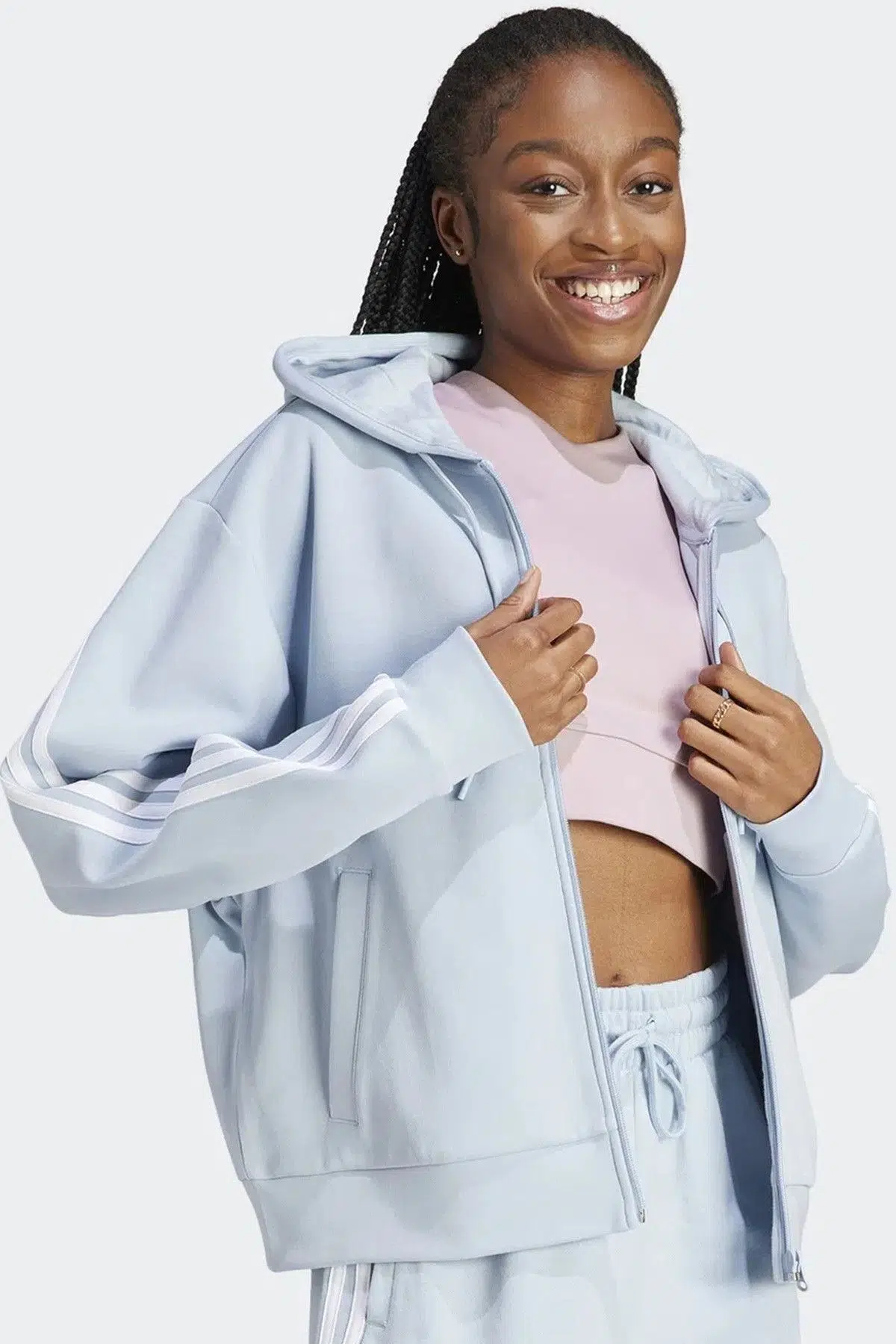 Adidas Future Icons 3 Stripes Full Zip Loose Fit Hoodie Kadın Bol Kesim Kapüşonlu Sweatshirt Mavi