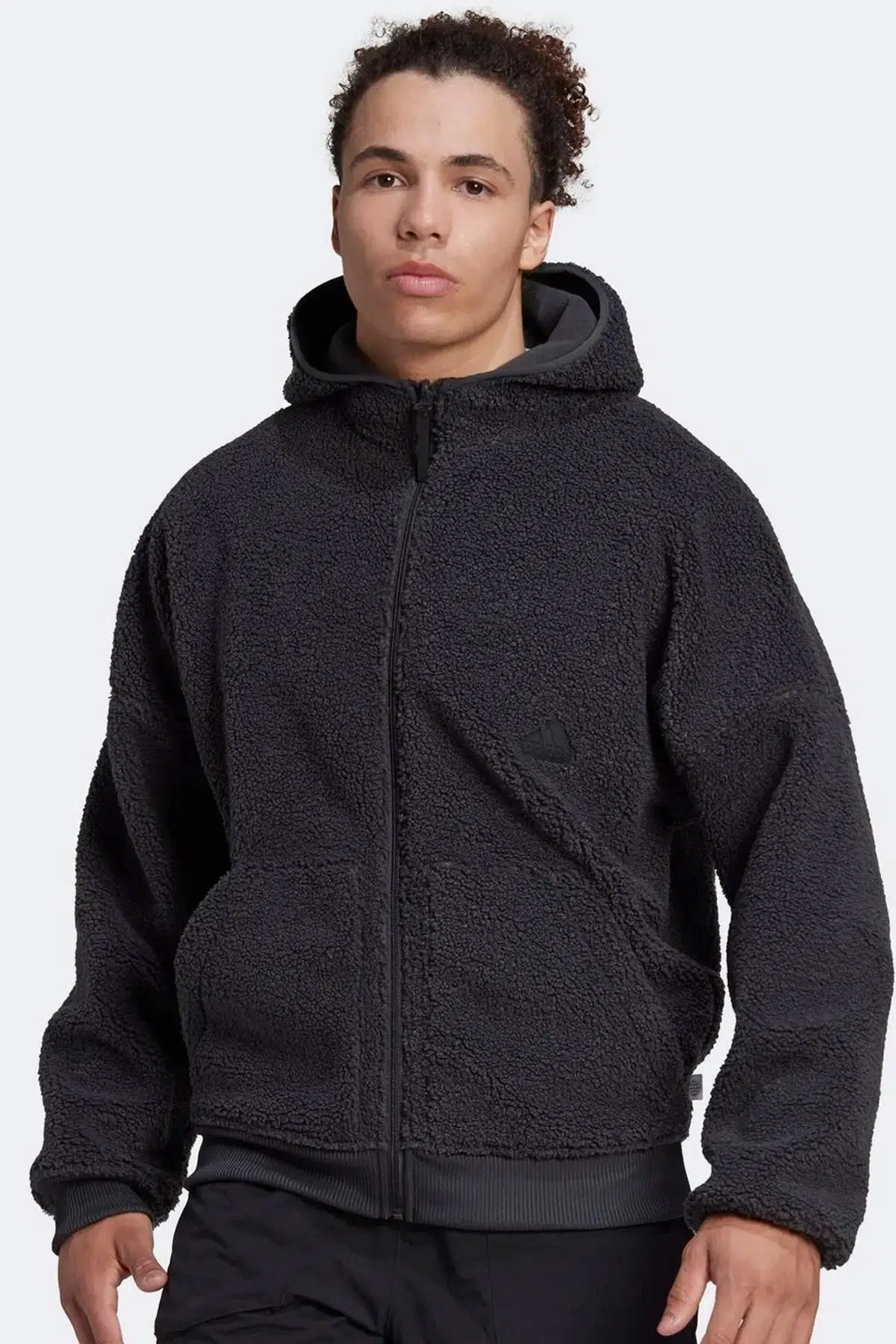 Adidas New Polar Fz Reversible Full Zip Hooded Jacket Erkek Çift Taraflı Kapüşonlu Peluş Sweatshirt Antrasit