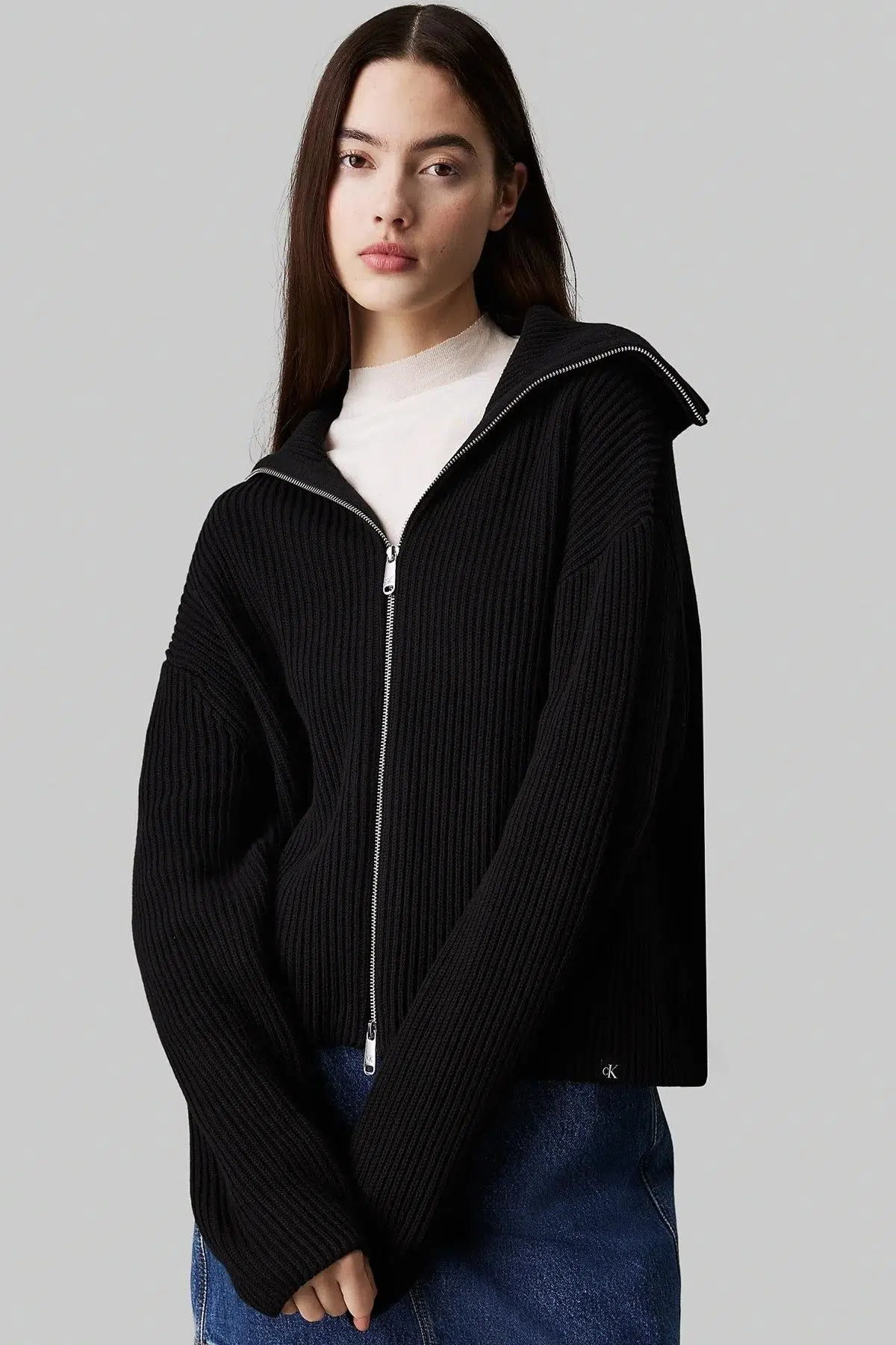 Calvin Klein Chunky Women's Cardigan Kadın Bol Kesim Fermuarlı Devrik Yaka Sweatshirt Siyah