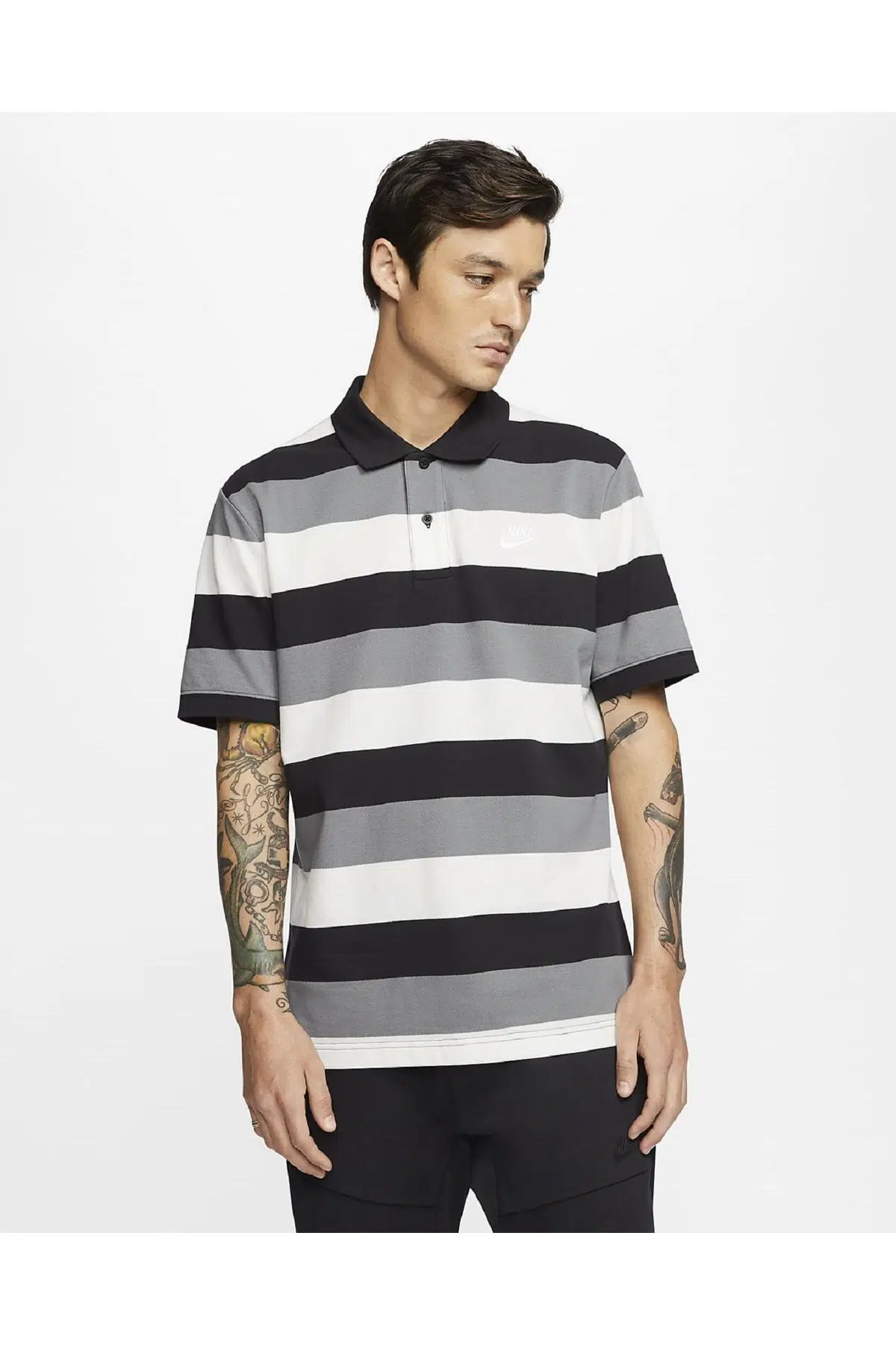 Nike Siyah, Gri, Beyaz Bol Kesim Erkek Polo Yaka T-Shirt