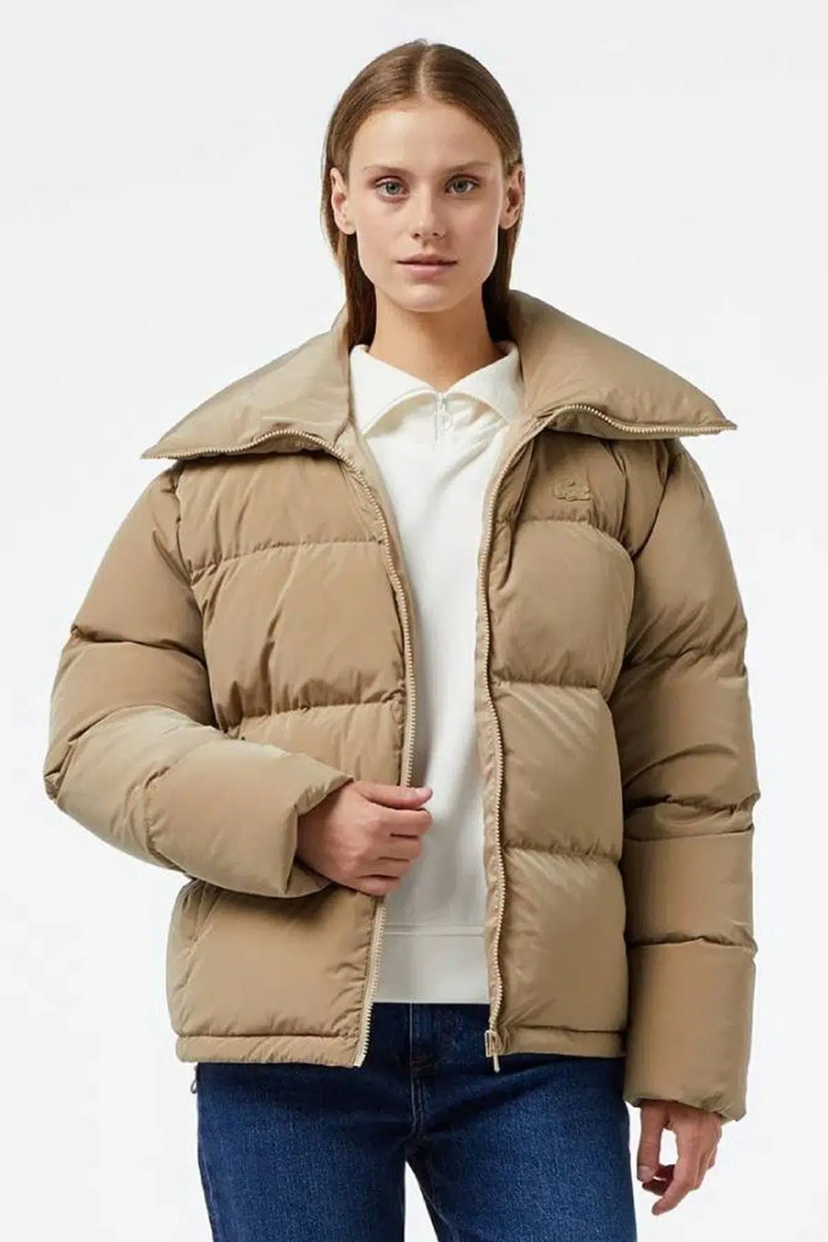 Lacoste Down Fill Jacket Kaztüyü Dolgu Dik Yaka Açık Kahverengi Kadın Mont 
