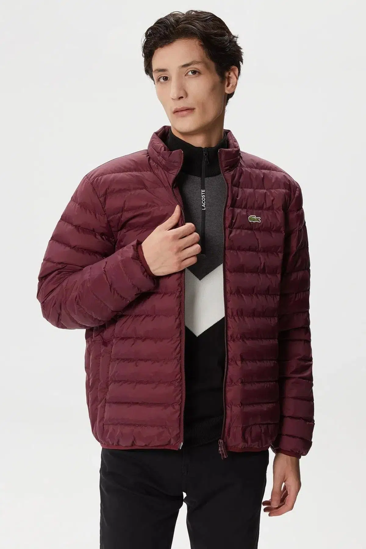 Lacoste Down Fill Jacket Kaztüyü Dolgu Gizli Kapüşonlu Bordo Mont