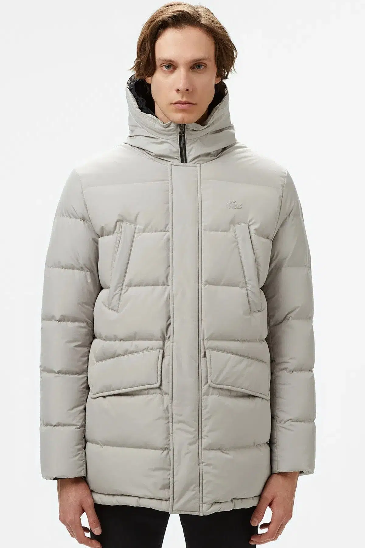 Lacoste Down Fill Jacket Kaztüyü Dolgu Kapüşonlu Gri Mont