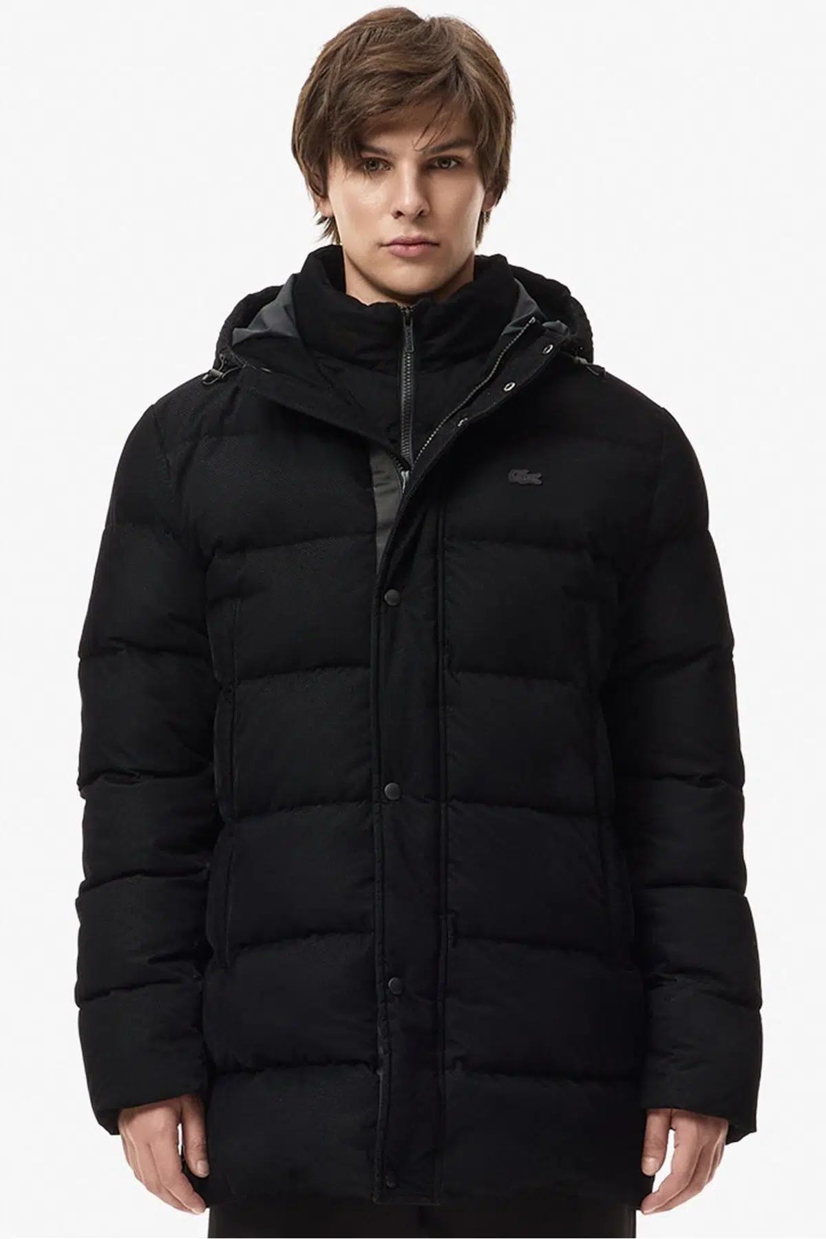 Lacoste Down Fill Mens Jacket Sabit Kapüşonlu Kaz Tüyü Erkek Fitilli Mont Siyah