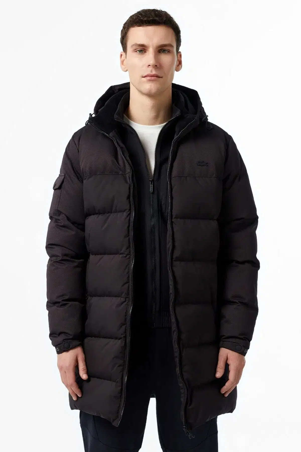 Lacoste Down Fill Parka Uzun Boy Kaz Tüyü Dolgulu Çıkartılabilir Kapüşonlu Erkek Parka Siyah