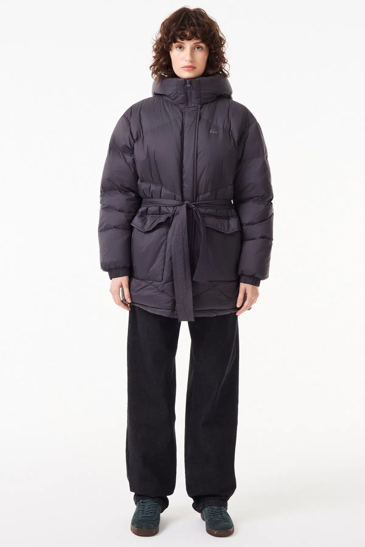 Lacoste Down Fill Water Resistant Womens Jacket Black Su İtici Dik Yaka Kapişonlu Kaz Tüyü Kadın Mont Siyah