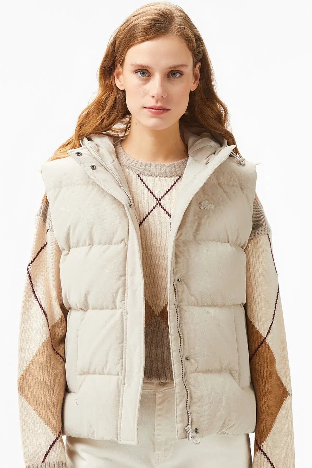 Lacoste Down Fill Water Resistant Womens Vest Kadın Su İtici Sabit Kapüşonlu Kaz Tüyü Yelek Taş