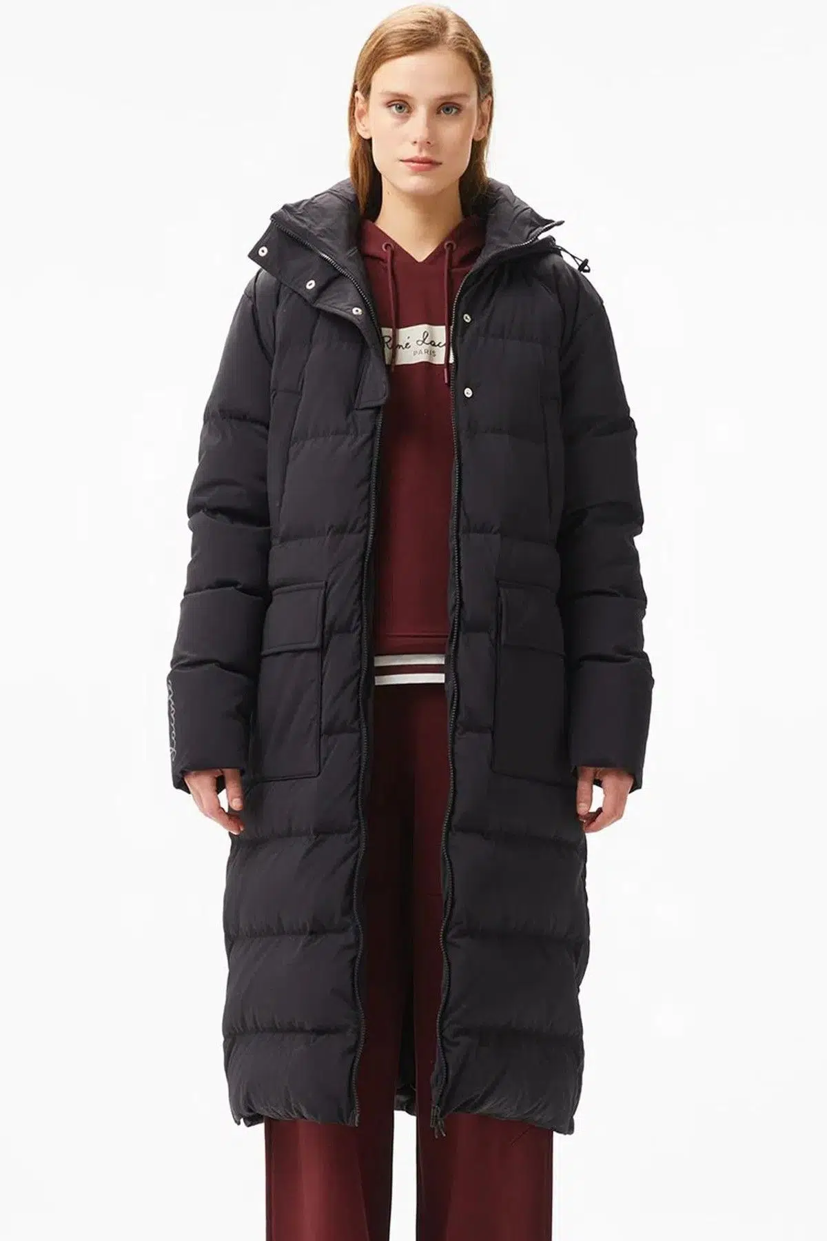 Lacoste Down Fill Womens Parka Uzun Boy Kaz Tüyü Dolgulu Kapüşonlu Kadın Parka Siyah