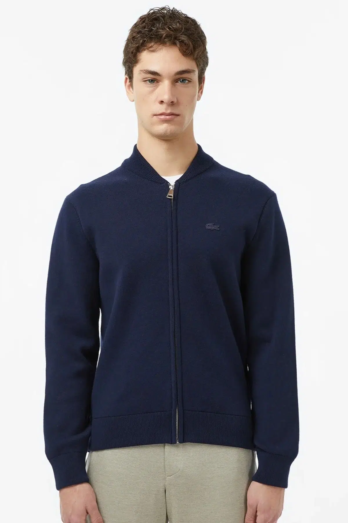 Lacoste Erkek Classic Fit Fermuarlı Kolej Yaka Pamuklu Yünlü Kalın Hırka Lacivert