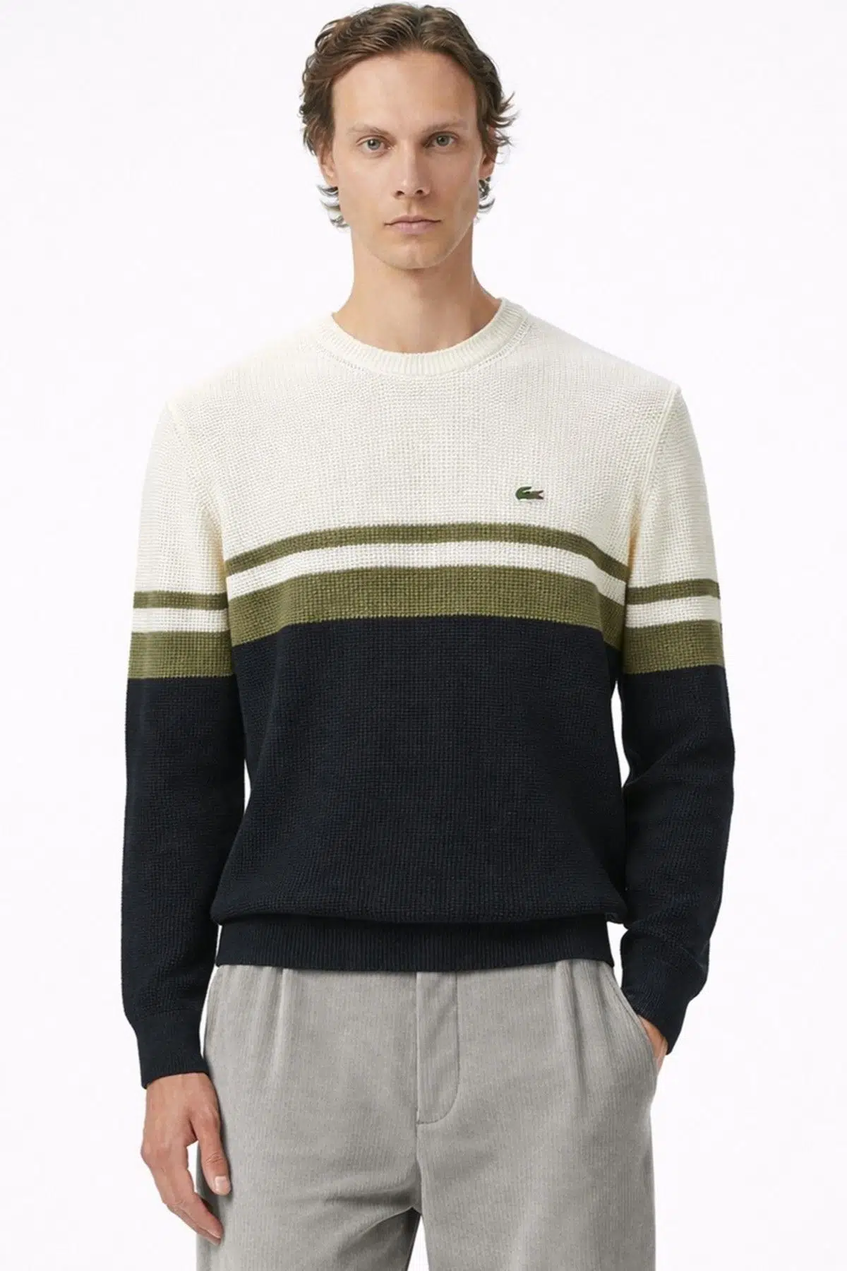 Lacoste Erkek Classic Fit Haroşa Örgü Renk Bloklu %100 Pamuk Lacivert Bej Haki Kazak
