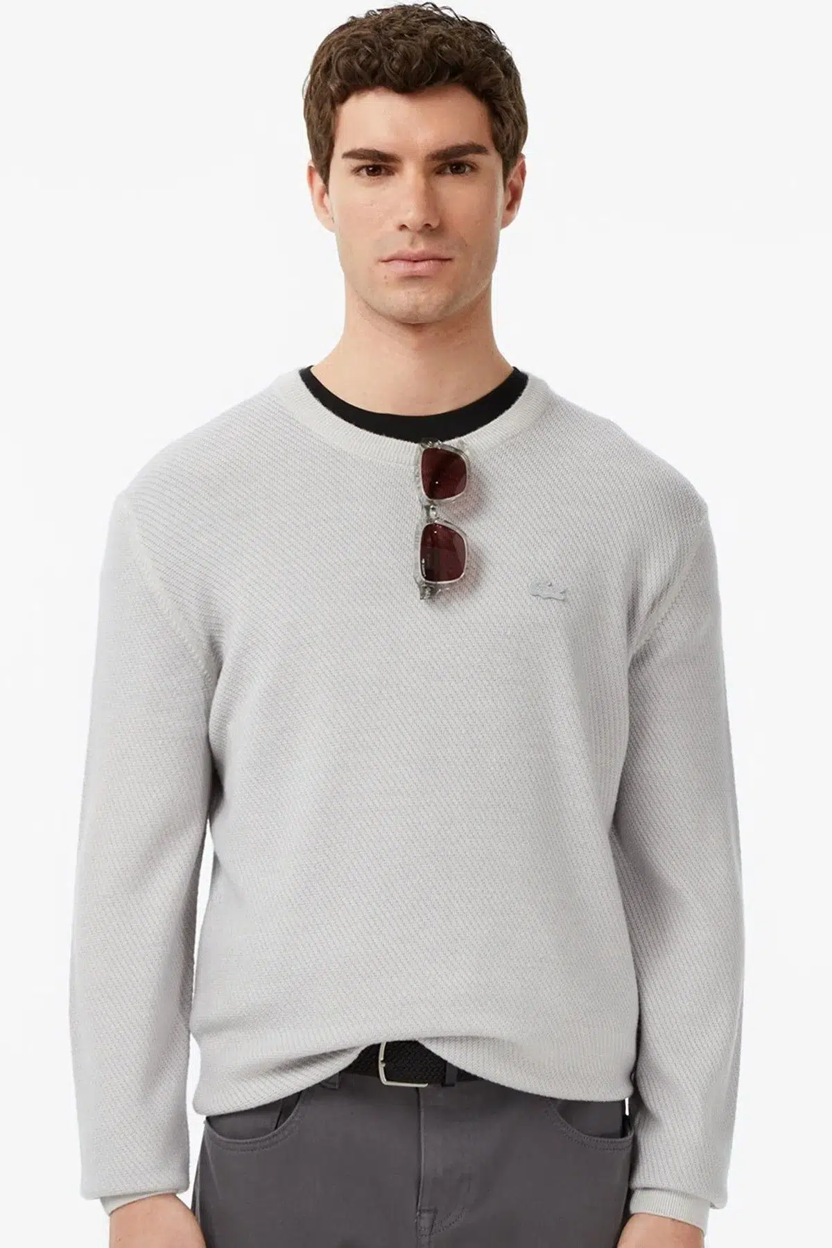 Lacoste Erkek Classic Fit Piramit Örgü %100 Yün Kazak Gri