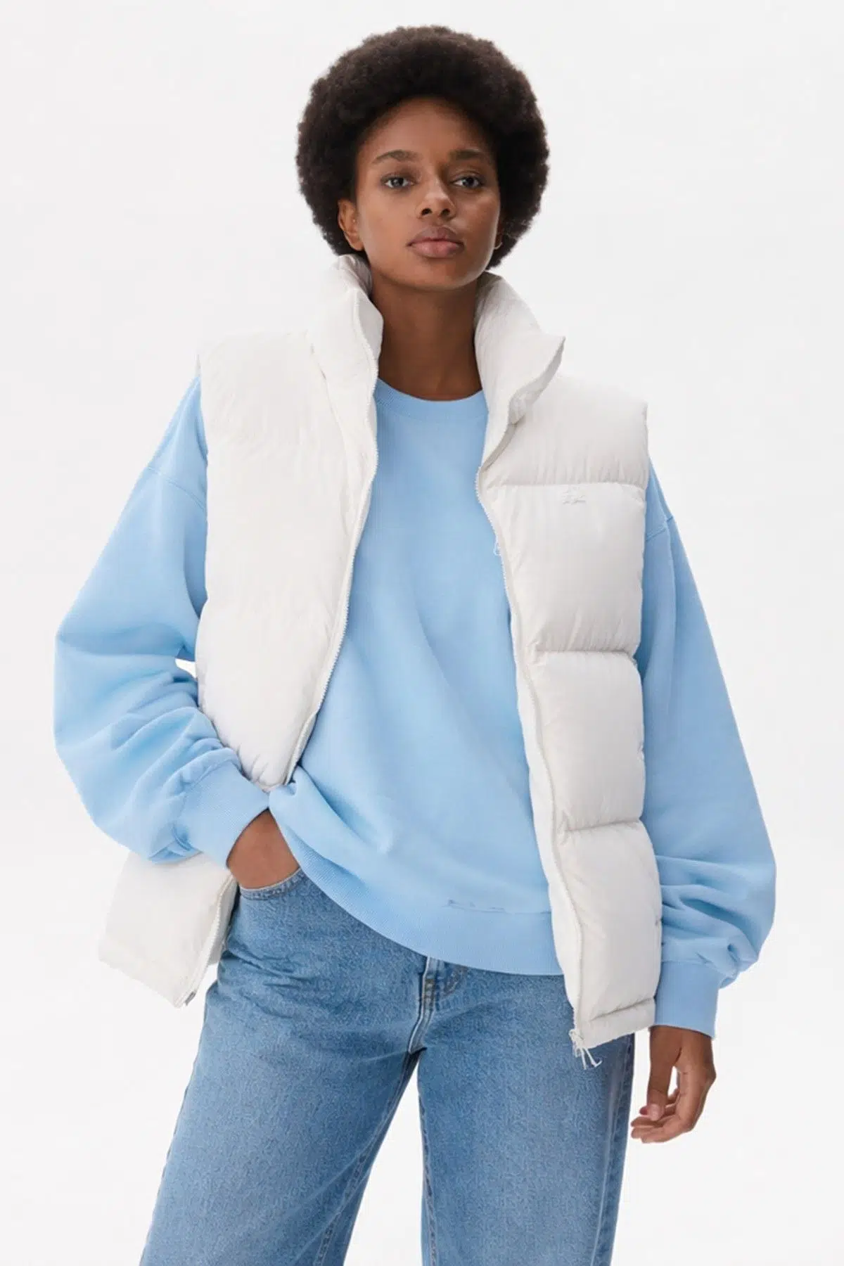 Lacoste Filled Quilted Womens Vest Dolgulu Kapitone Dik Yaka Kadın Yelek Beyaz