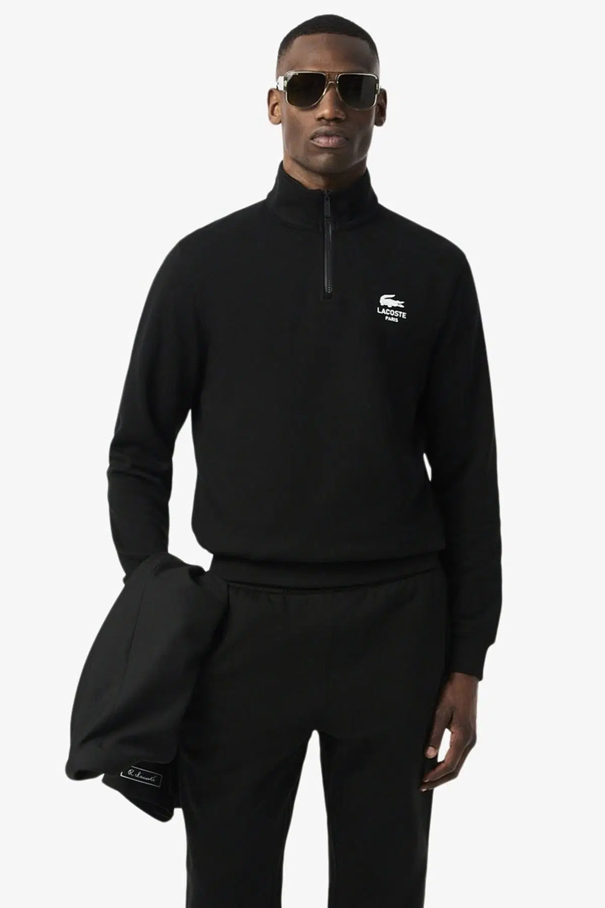 Lacoste High Neck Zip-Up Print Unisex Sweatshirt Fermuarlı Yüksek Yaka Pamuklu Sweatshirt Siyah