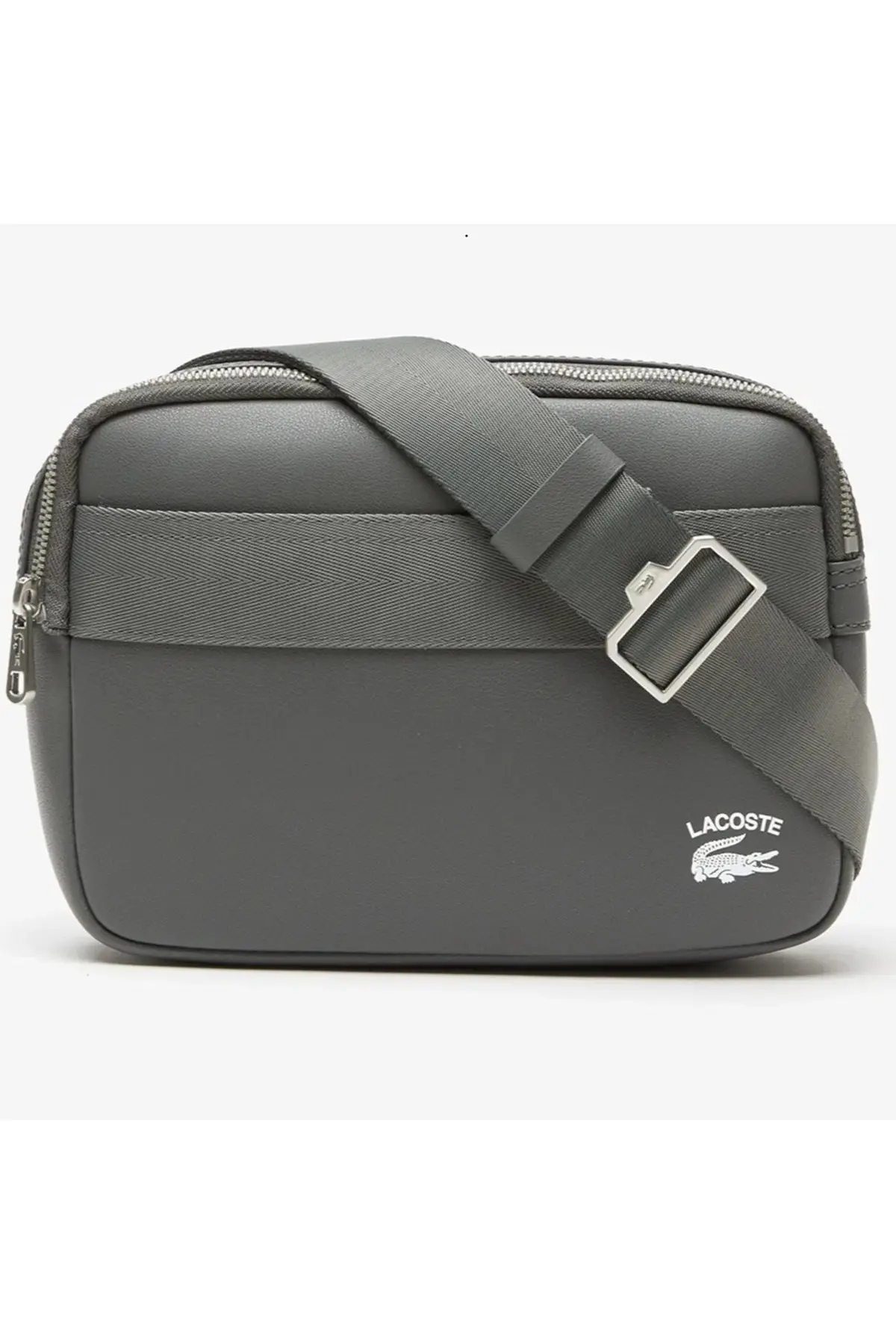 NH401.8PNPL.J37 Lacoste Holiday Unisex Leather Bag 22*17*6 Hakiki Deri Ayarlanabilir Askılı Baskılı Unisex Postacı Çantası Gri