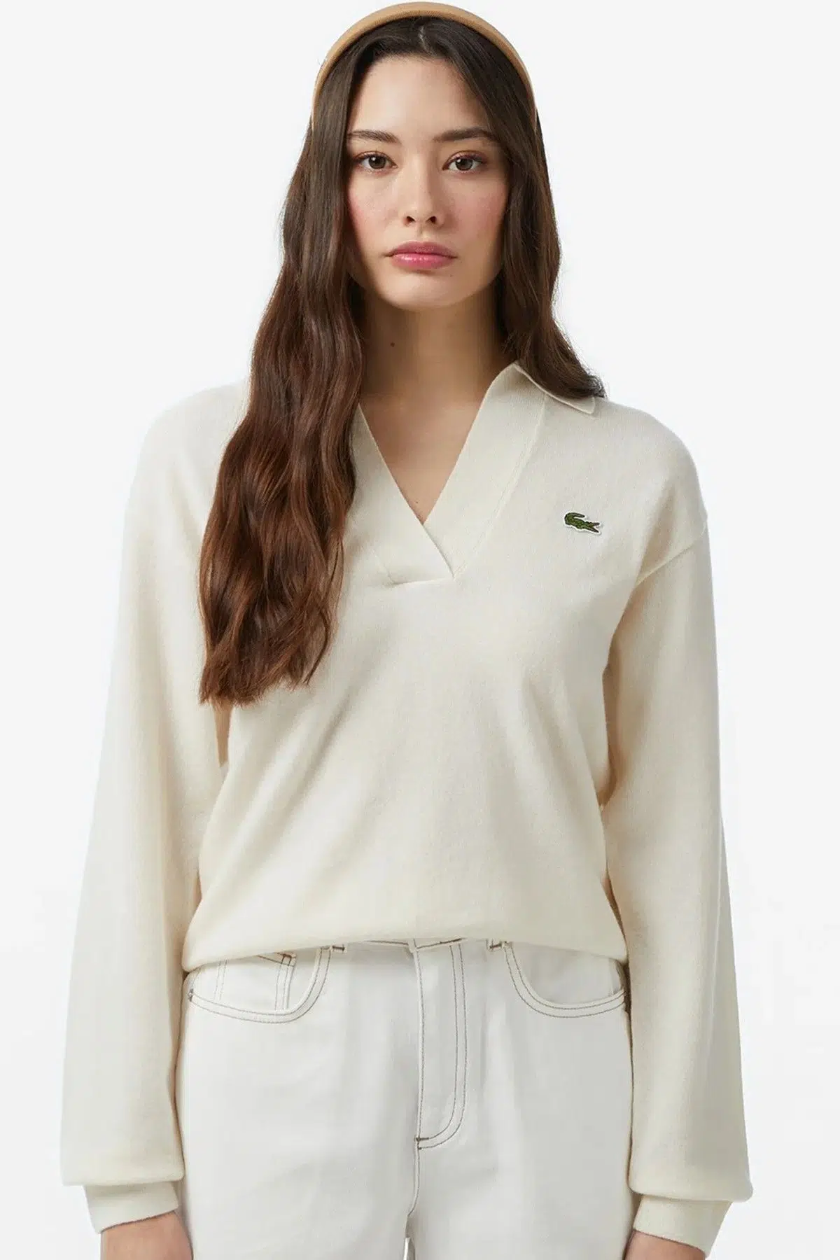 Lacoste Women's Classic Fit Polo Collar Cream Sweater Kadın Polo Yaka Clasic Fit Yün Kaşmir Kazak Krem