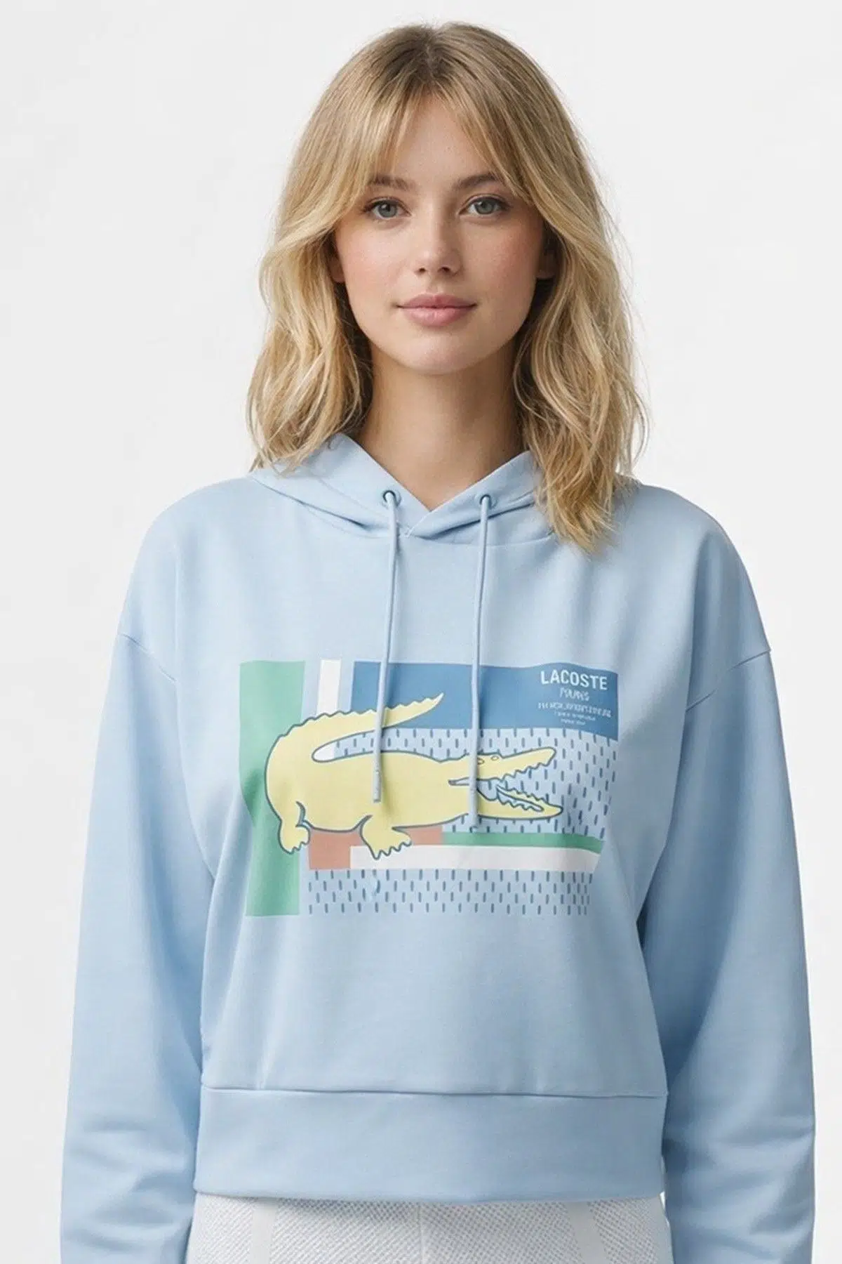 Lacoste Kadın Relaxed Fit Kapüşonlu Baskılı Açık Mavi Sweatshirt