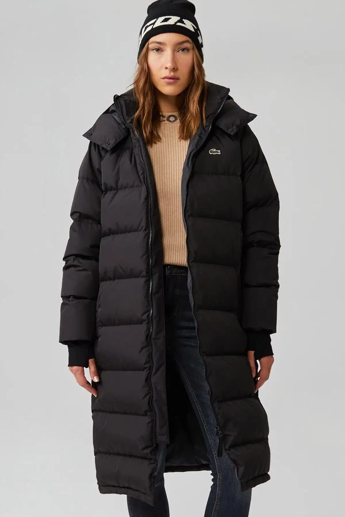 Lacoste Live Down Fill Womens Parka Uzun Boy Kaz Tüyü Dolgulu Çıkartılabilir Kapüşonlu Kadın Parka Siyah