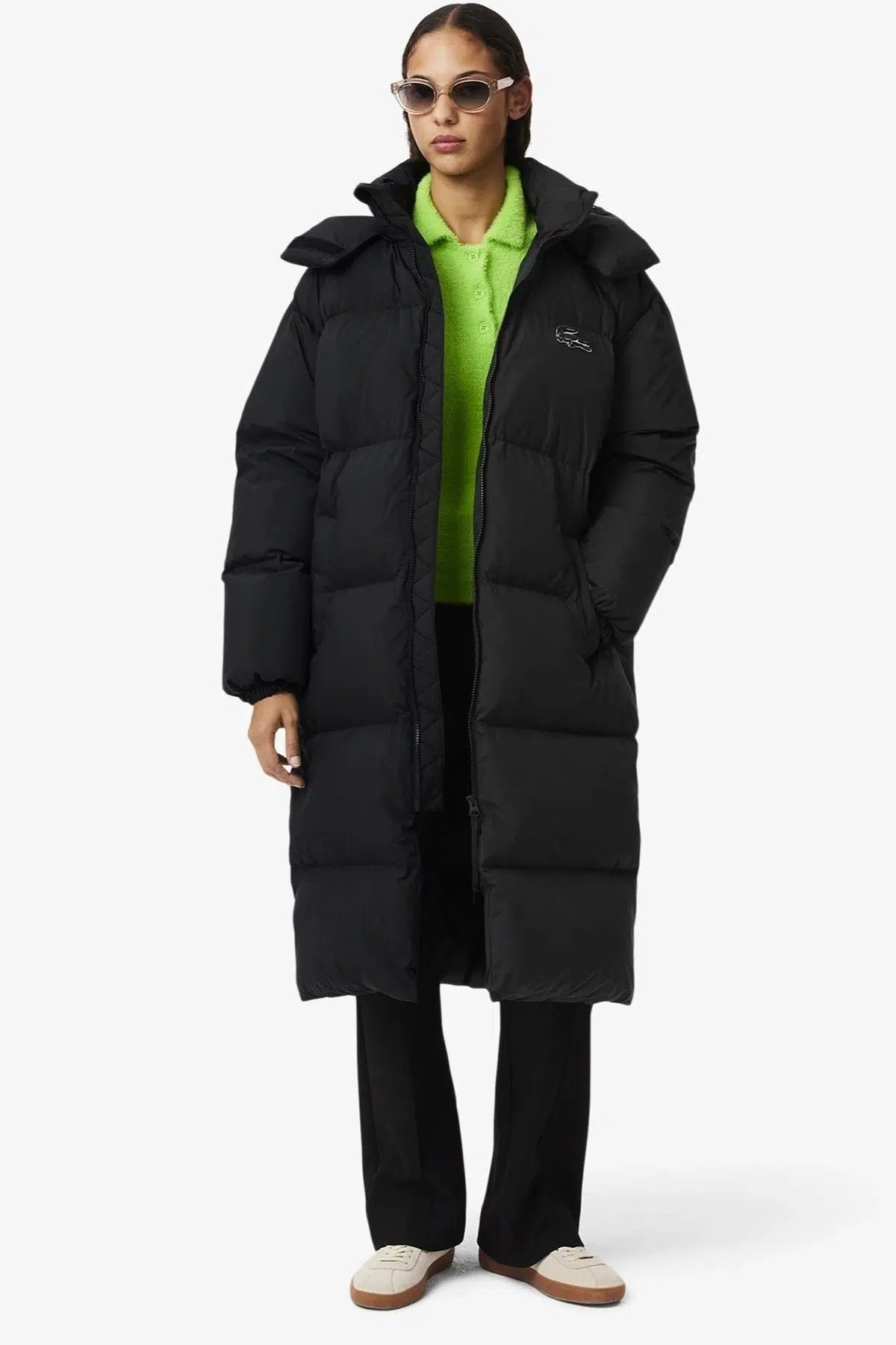 Lacoste Long Oversized Down Fill Jacket Çıkarılabilir Kapüşonlu Kaz Tüyü Kadın Parka Siyah