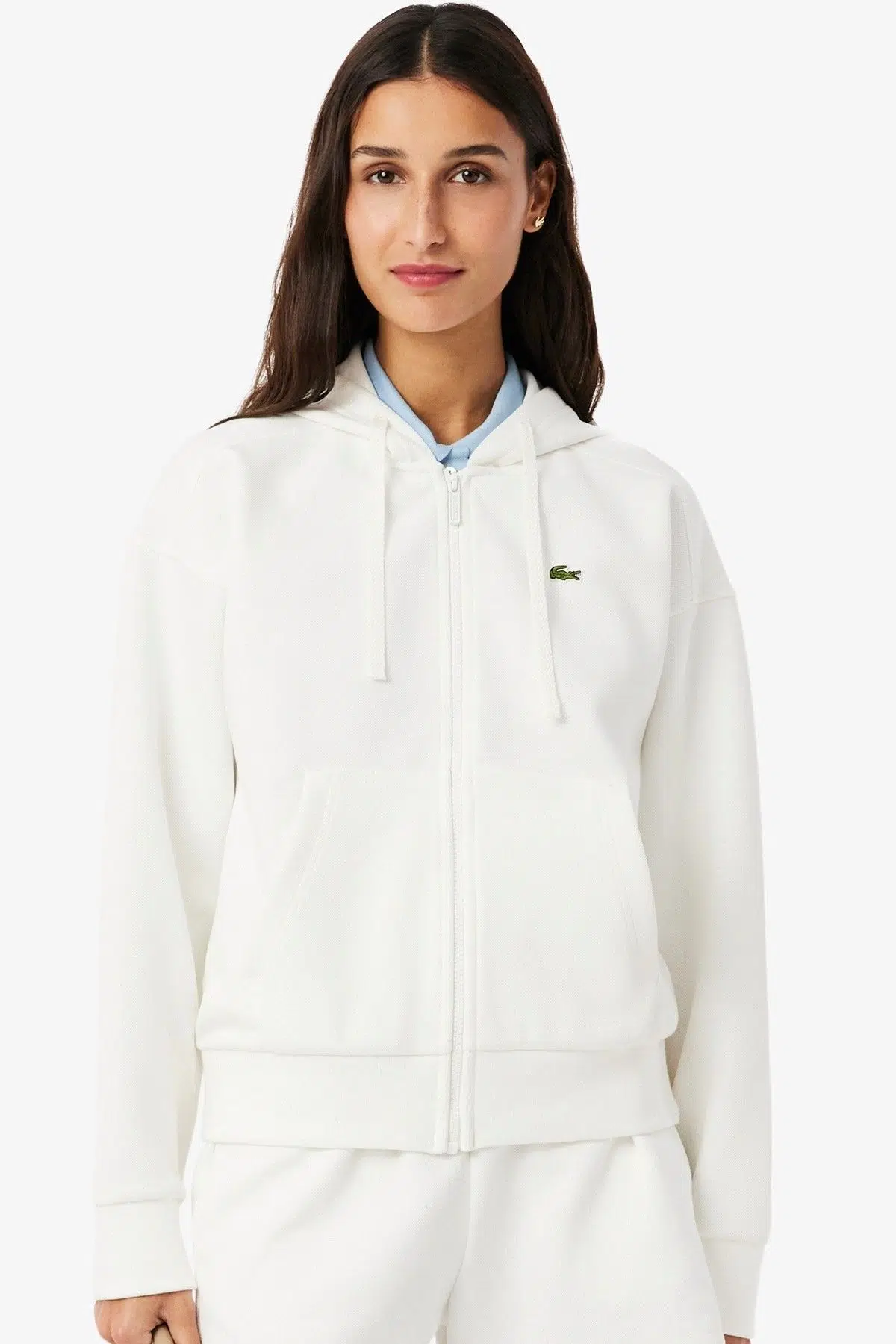 Lacoste Reguler Fit Full Zip Hoodie Cotton Sweatshirt Kadın Kapüşonlu Tam Fermuar Sweatshirt Beyaz