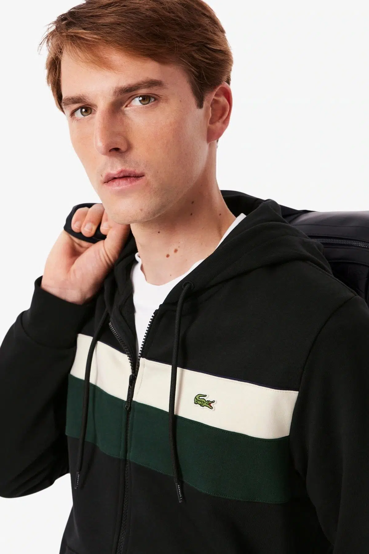 Lacoste Men's Classic Fit Colour-Block Fleece Hoodie Organik Pamuk Renk Bloklu Fermuarlı Sweatshirt Siyah