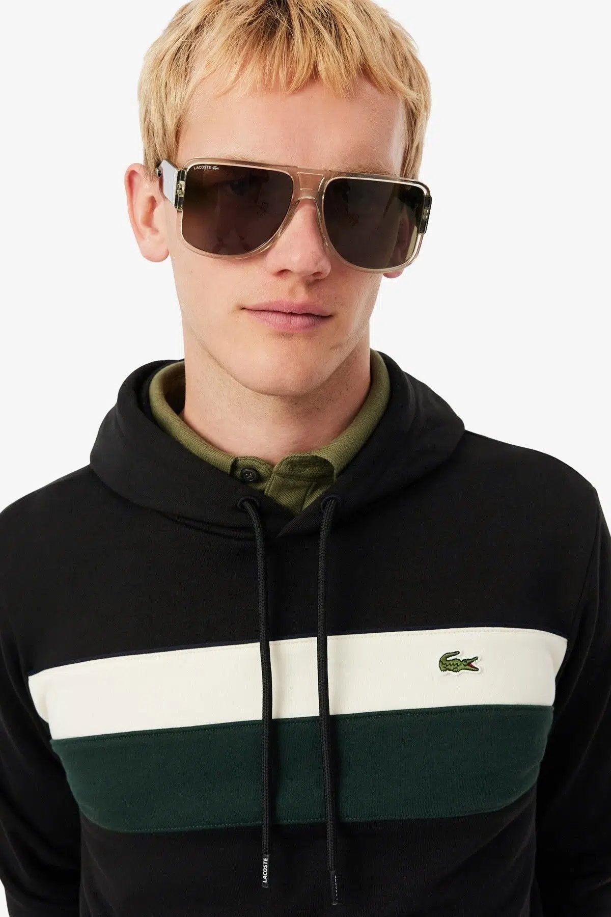 Lacoste Men's Classic Fit Colour-Block Fleece Hoodie Organik Pamuk Renk Bloklu Kapüşonlu Yaka Sweatshirt Siyah