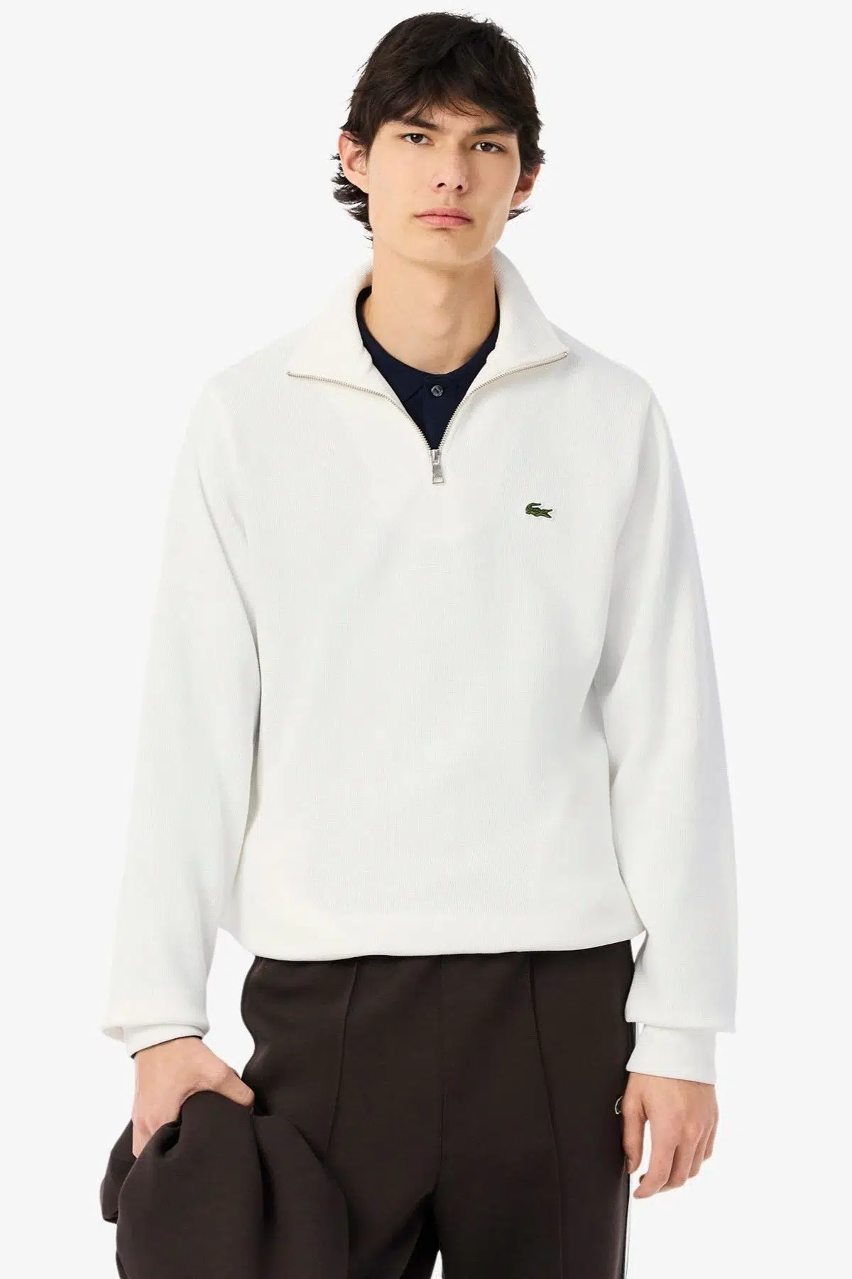 Lacoste Men's Classic Fit Neck Zip Sweatshirt Yarım Fermuarlı Yüksek Yaka Pamuklu Sweatshirt Beyaz