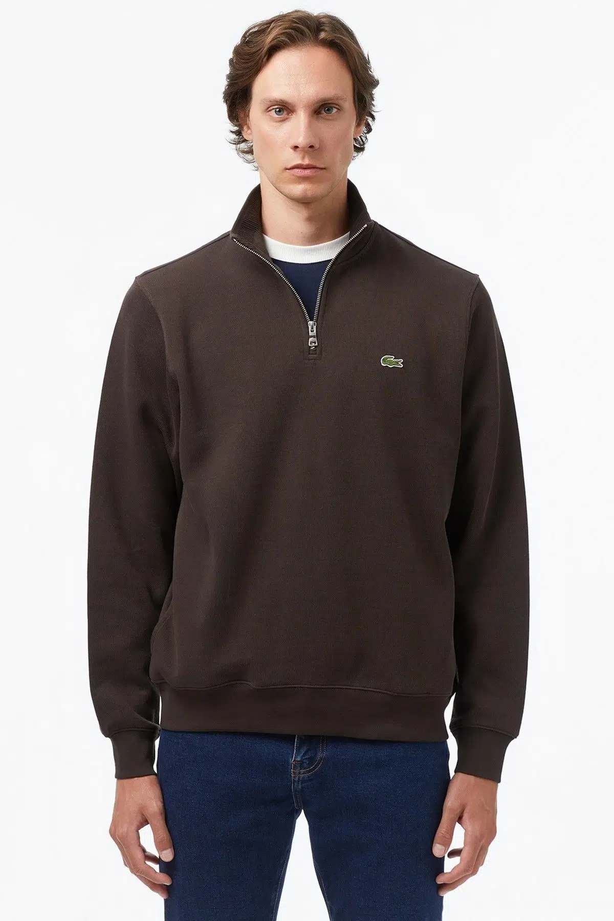 Lacoste Men's Classic Fit Neck Zip Sweatshirt Yarım Fermuarlı Yüksek Yaka Pamuklu Sweatshirt Kahverengi