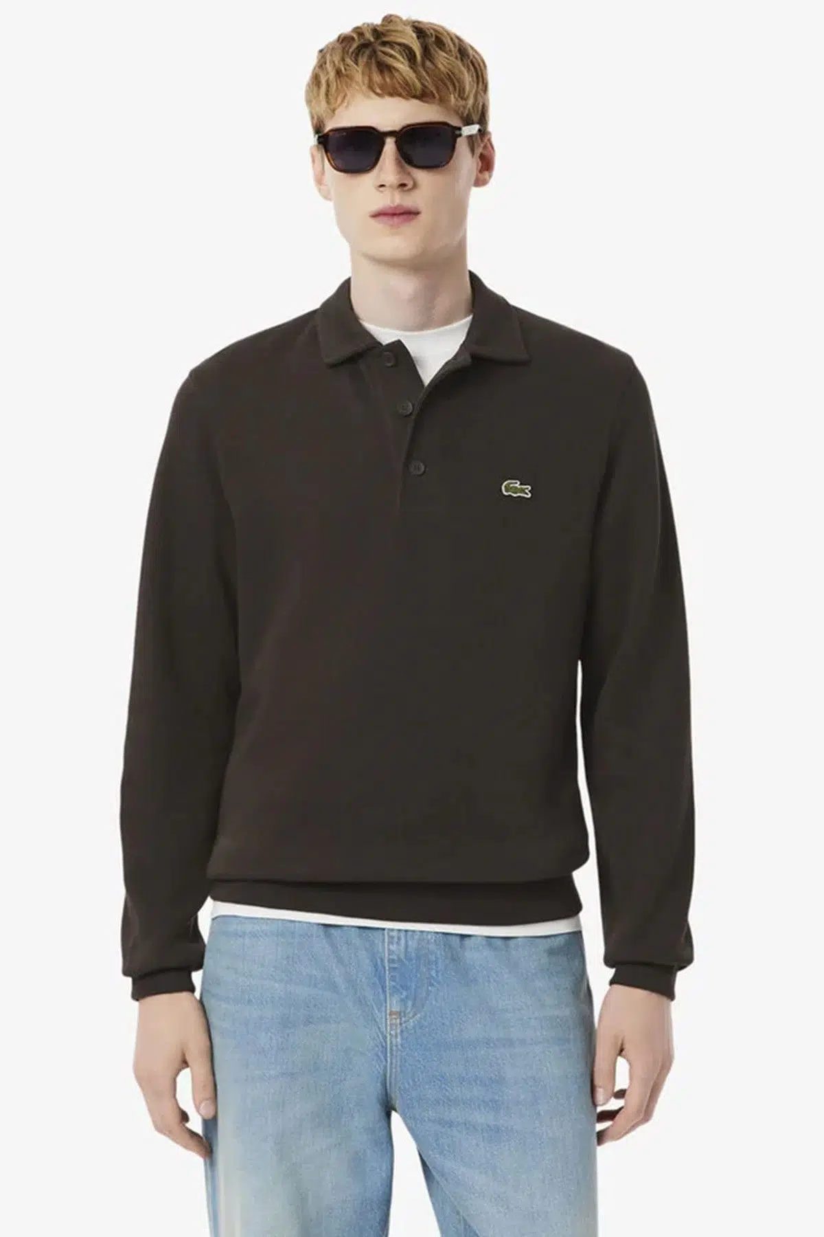 Lacoste Men's Classic Fit Sweatshirt Polo Yaka Düğmeli Organik Pamuk Fitilli Erkek Sweatshirt Kahverengi