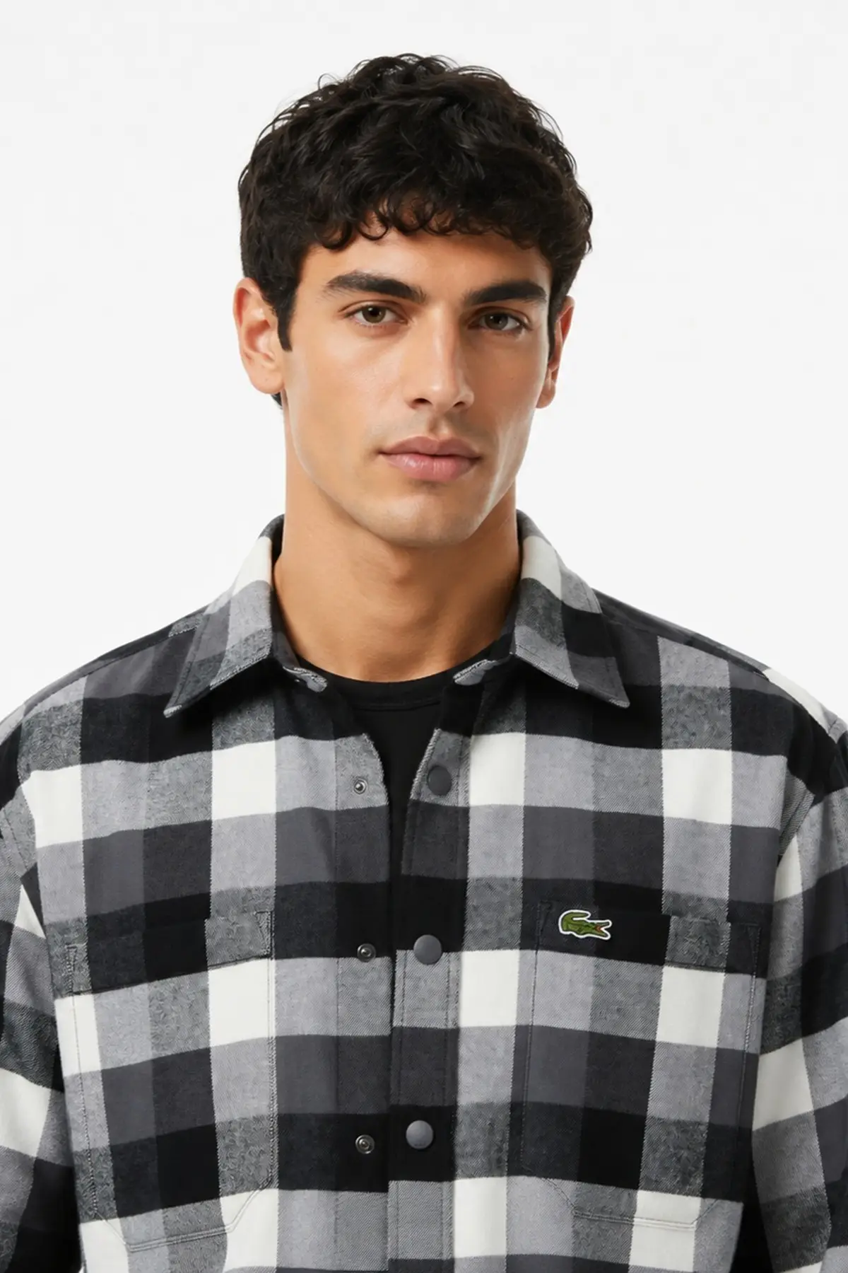 CH2640-050 Lacoste Men's Loose Fit Button-Down Linen Shirt Rahat Kesim Pamuklu Kareli Erkek Gömlek Gri