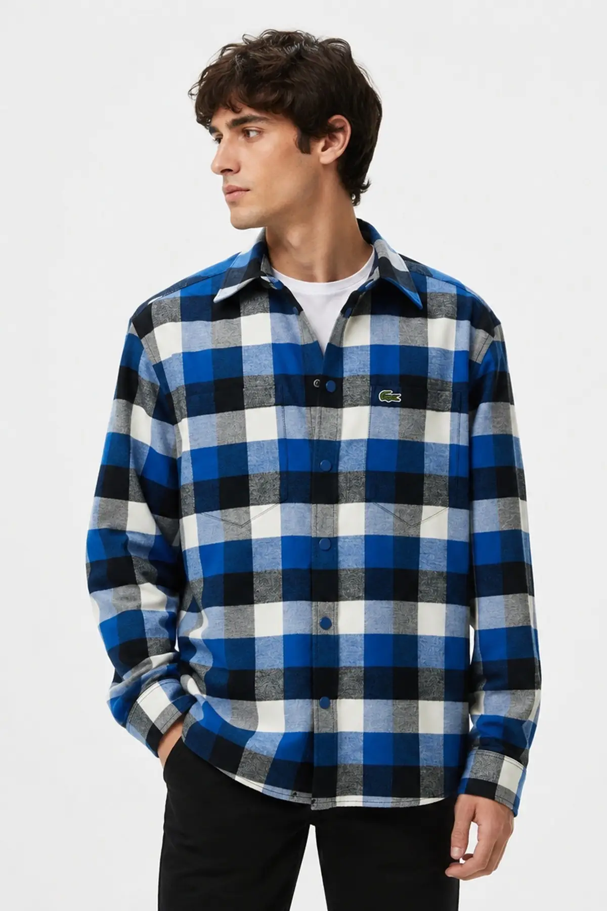 CH2640-C4X Lacoste Men's Loose Fit Button-Down Linen Shirt Rahat Kesim Pamuklu Kareli Erkek Gömlek Mavi