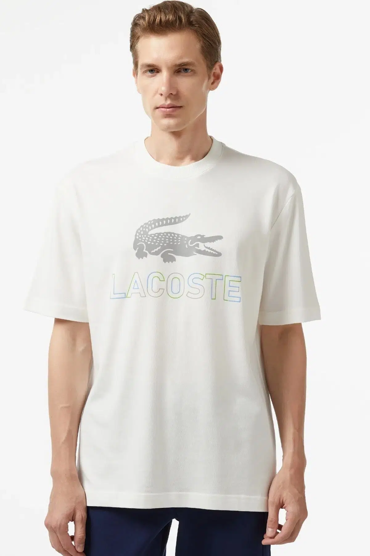 Lacoste Men's Loose Fit Tshirt Pamuklu Geniş Kalıp Reflektörlü Bisiklet Yaka Baskılı Erkek Tişört Krem
