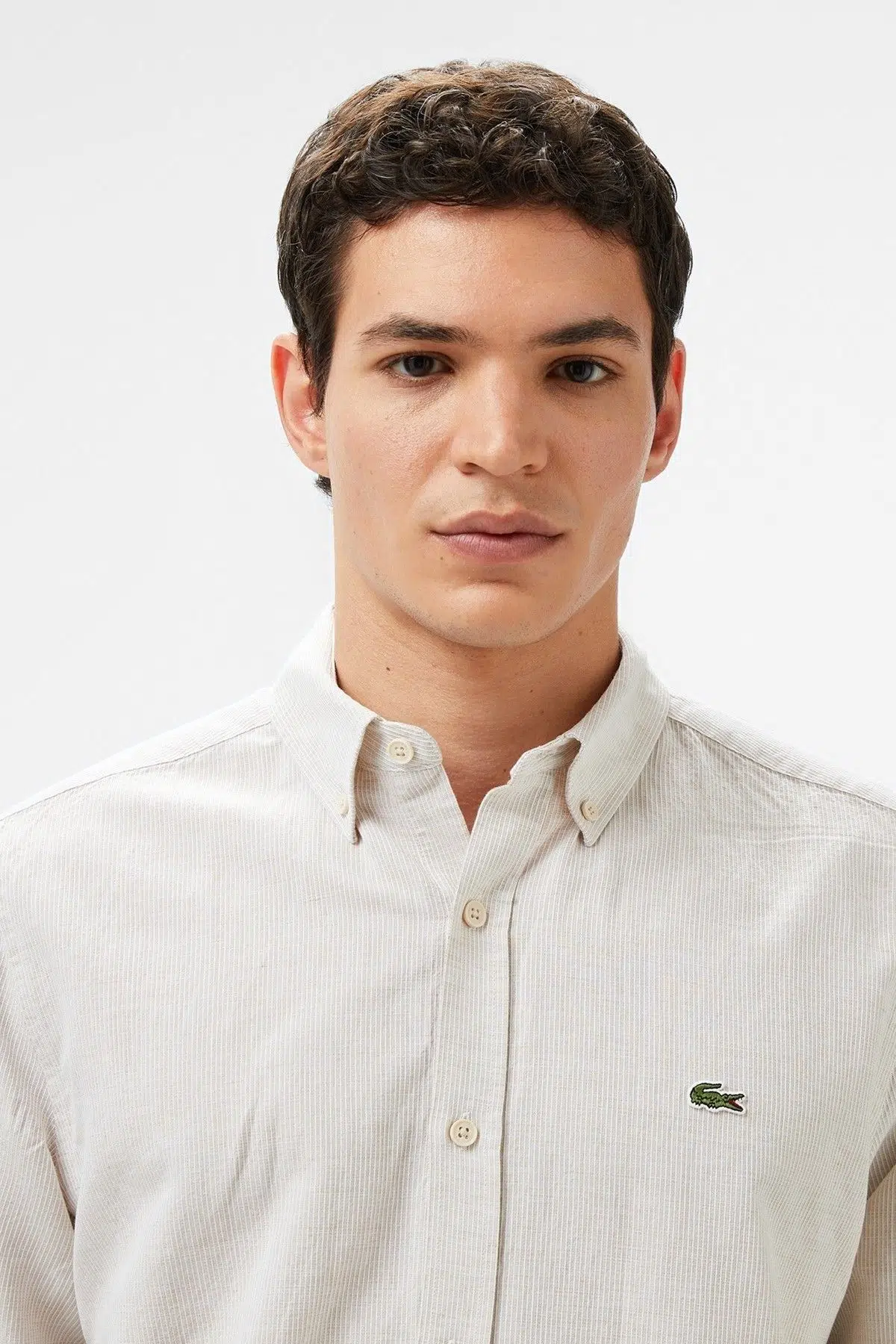 Lacoste Men's Regular Fit Button-Down Collar Linen Shirt Beige Erkek Düğmeli Yaka Keten Gömlek Bej
