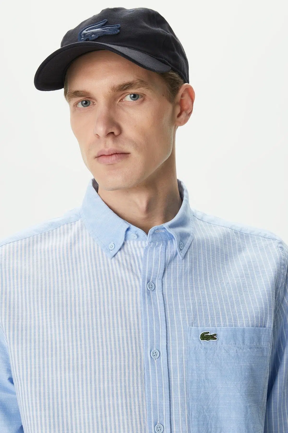 Lacoste Men's Regular Fit Button-Down Collar Linen Shirt Blue Erkek Düğmeli Yaka Keten Çizgili Gömlek Mavi