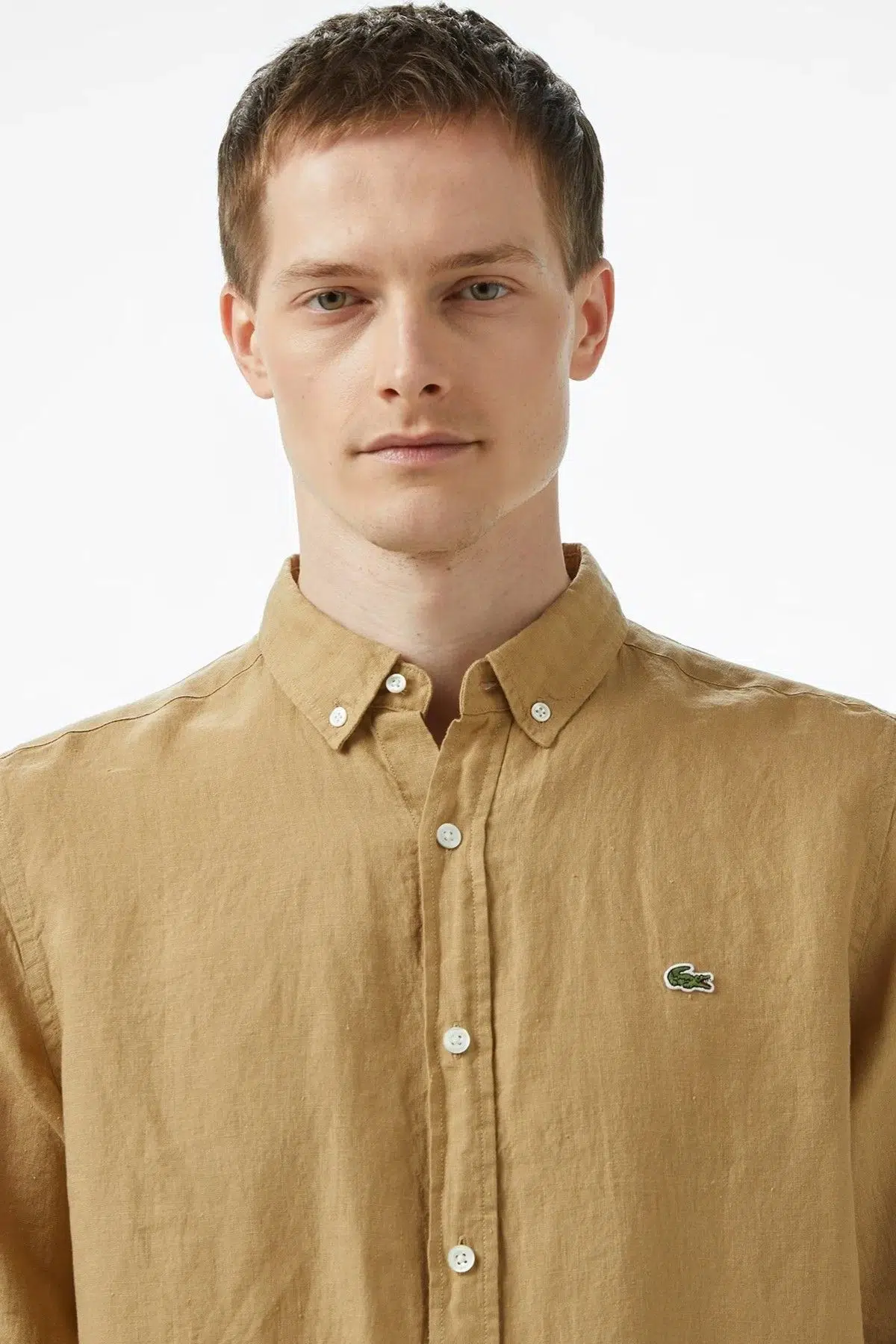 Lacoste Men's Regular Fit Button-Down Collar Linen Shirt Camel Erkek Düğmeli Yaka Keten Gömlek Camel