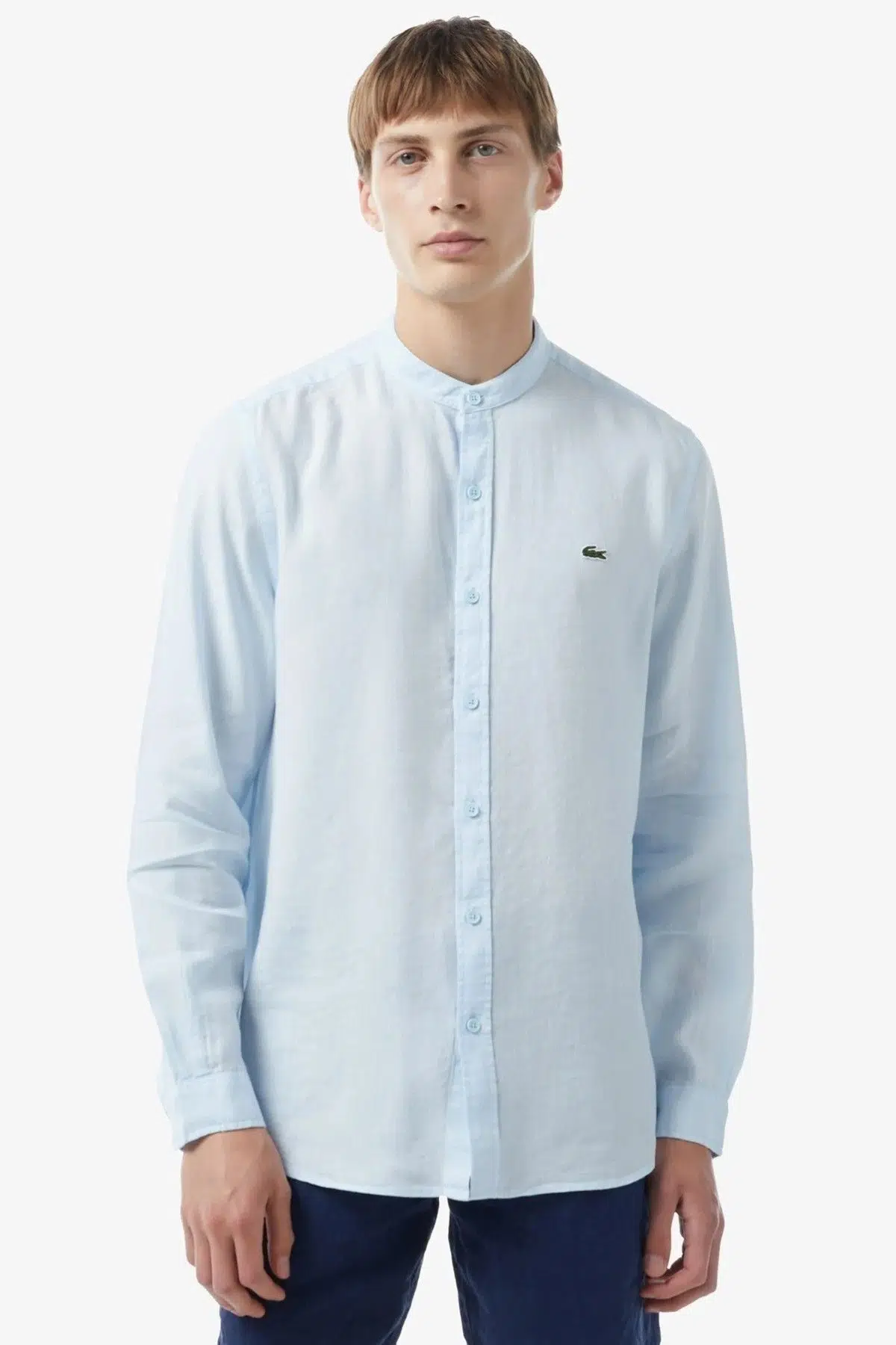Lacoste Men's Regular Fit Button-Down Collar Linen Shirt Erkek Düğmeli Hakim Yaka Keten Gömlek Mavi