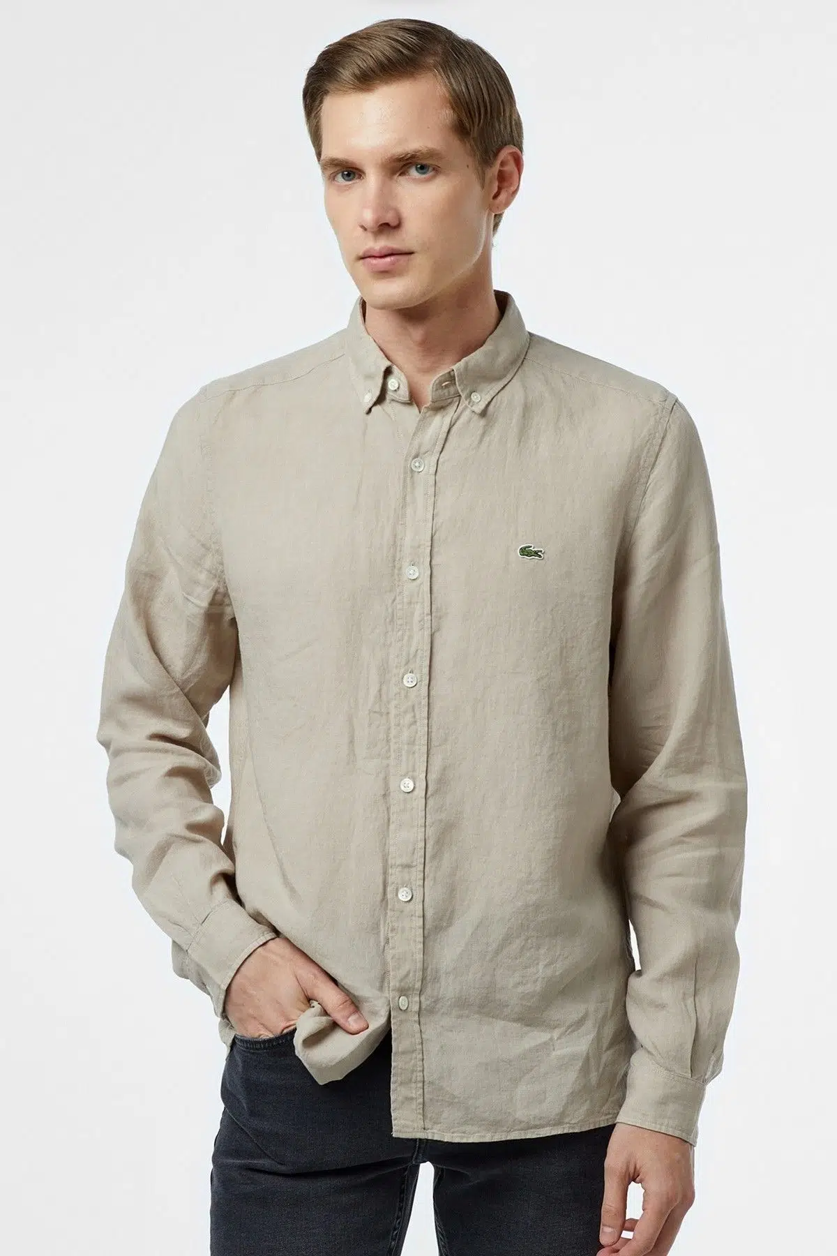 Lacoste Men's Regular Fit Button-Down Collar Linen Shirt Erkek Düğmeli Yaka Keten Gömlek Bej