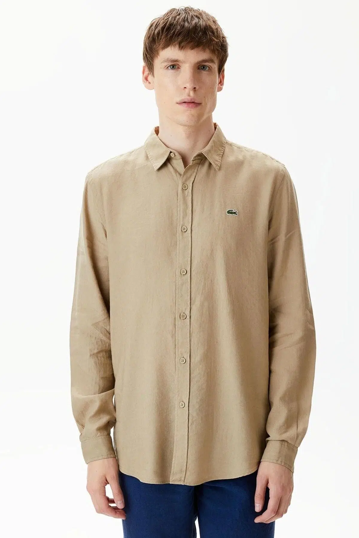 Lacoste Men's Regular Fit Button-Down Collar Linen Shirt Erkek Düğmeli Yaka Keten Gömlek Bej