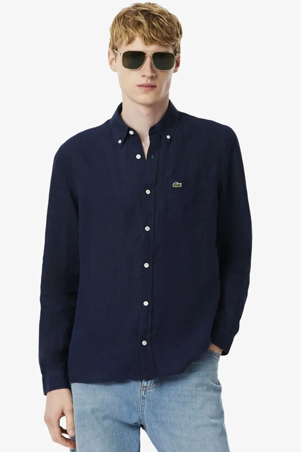 Lacoste Men's Regular Fit Button-Down Collar Linen Shirt Erkek Düğmeli Yaka Keten Gömlek Lacivert