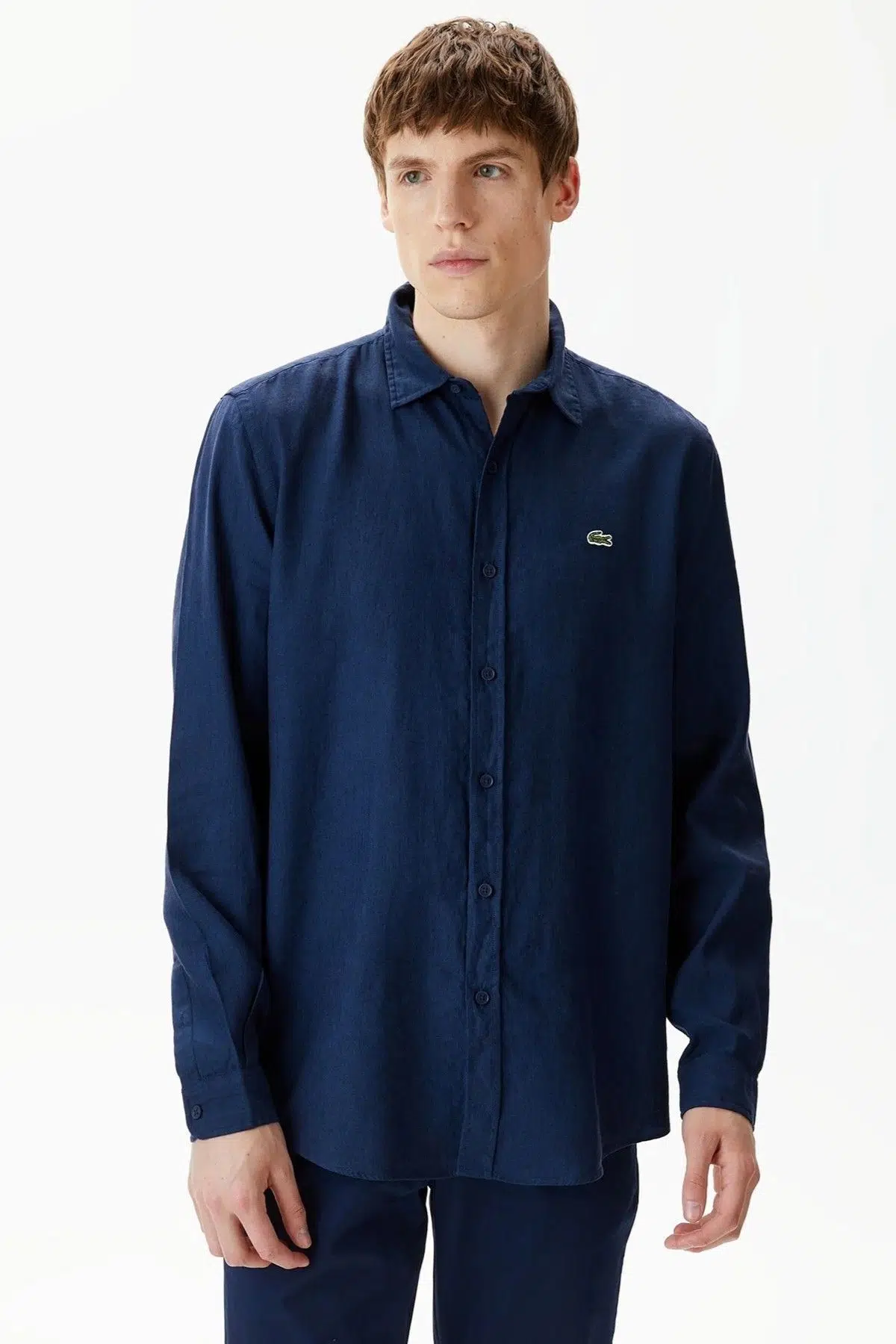 Lacoste Men's Regular Fit Button-Down Collar Linen Shirt Erkek Düğmeli Yaka Keten Gömlek Lacivert