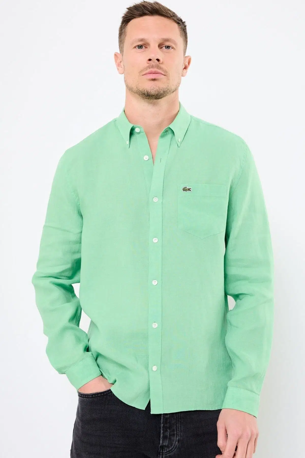 Lacoste Men's Regular Fit Button-Down Collar Linen Shirt Erkek Düğmeli Yaka Keten Gömlek Yeşil