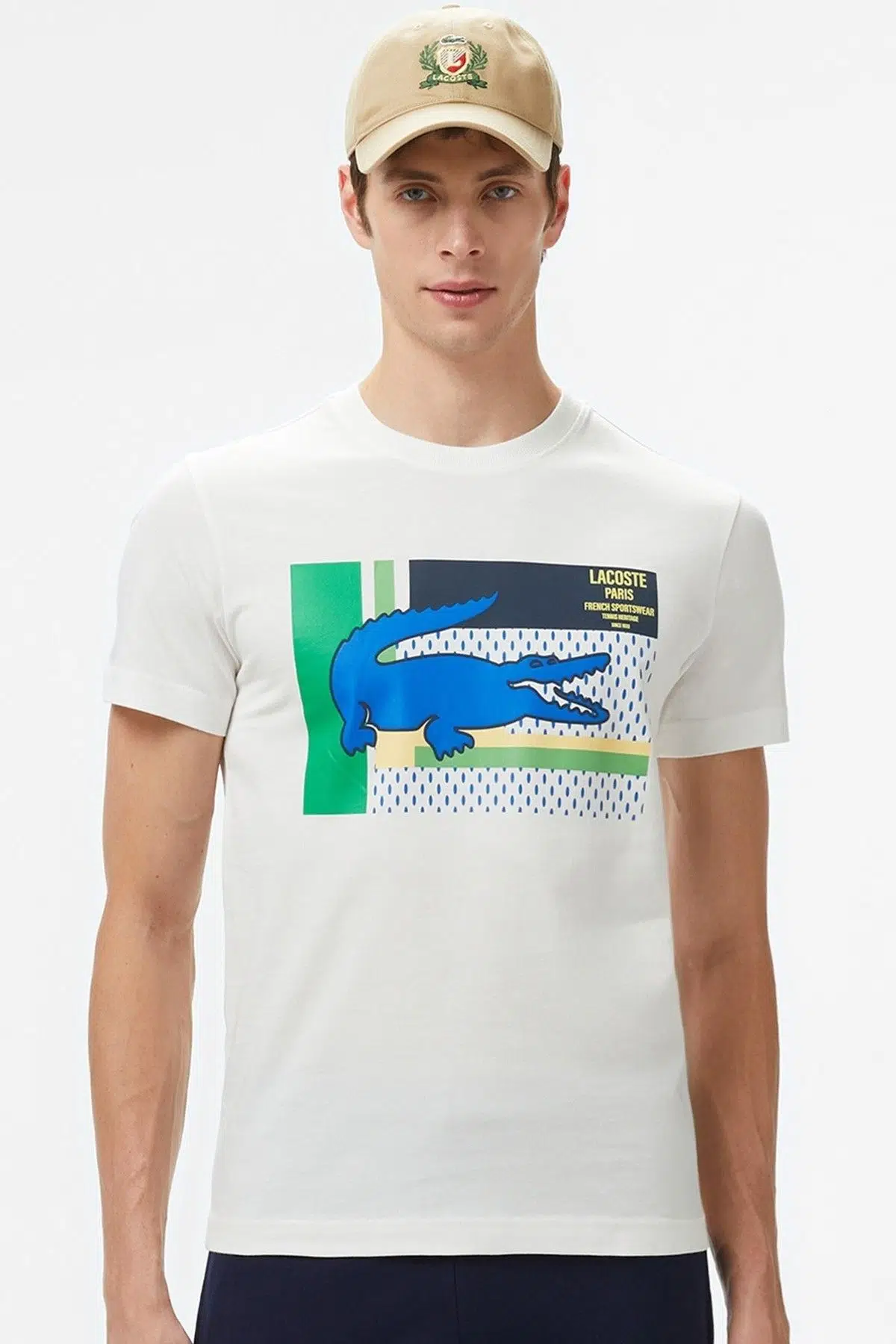 Lacoste Men's Regular Fit Crew Neck Graphic T-Shirt Light White Bisiklet Yaka Erkek Tişört Açık Beyaz