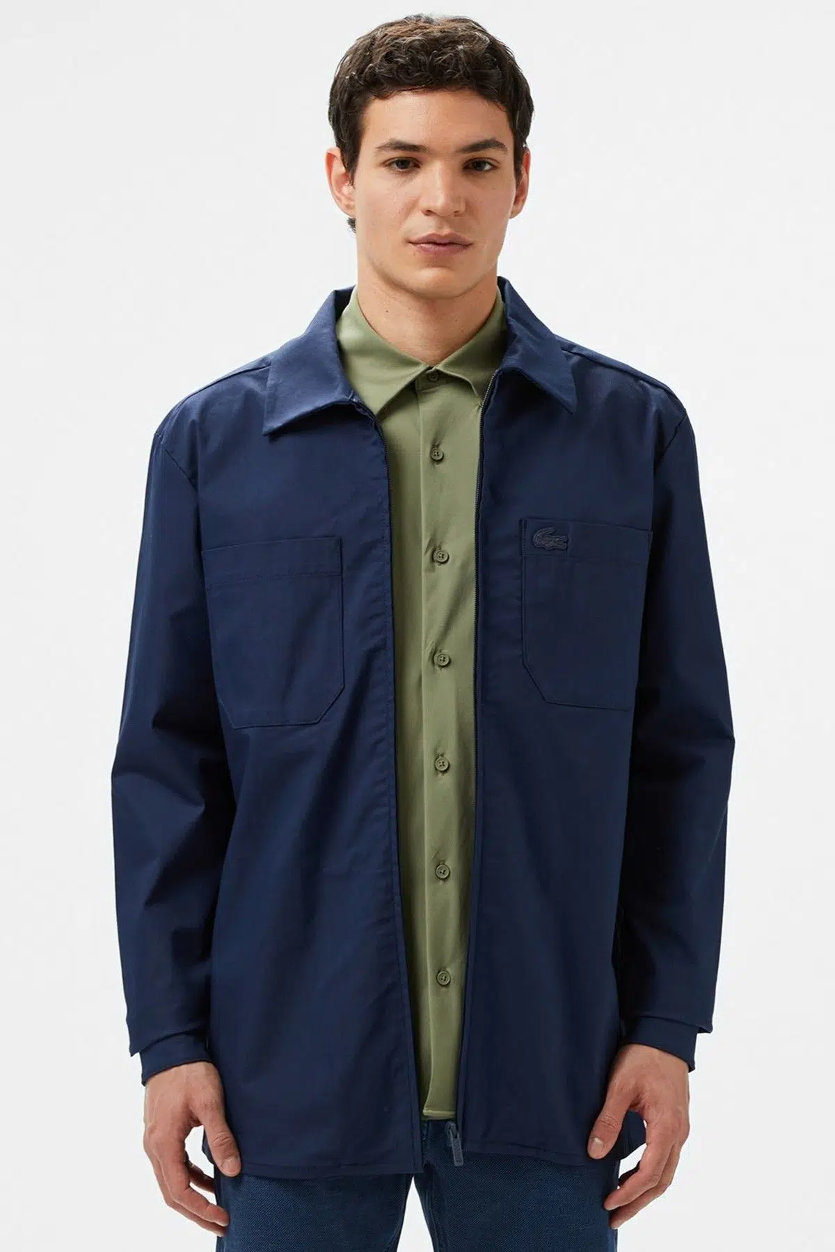 Lacoste Men's Regular Fit Full Zip Shirt Tam Fermuar Organik Pamuk Erkek Gömlek Lacivert