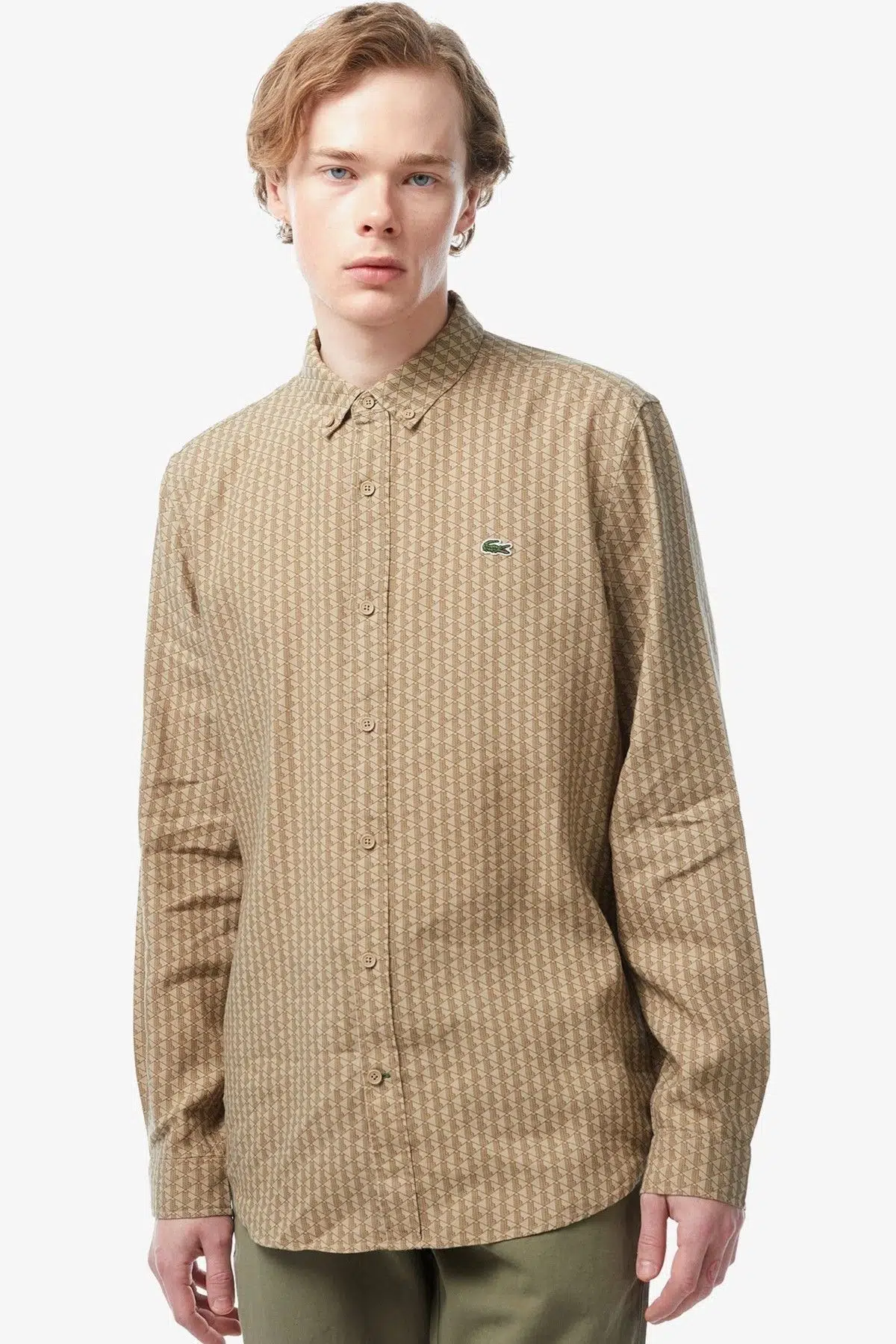 Lacoste Men's Regular Fit Monogram Button-Down Collar Linen Shirt Erkek Düğmeli Yaka Ekose Keten Gömlek Bej
