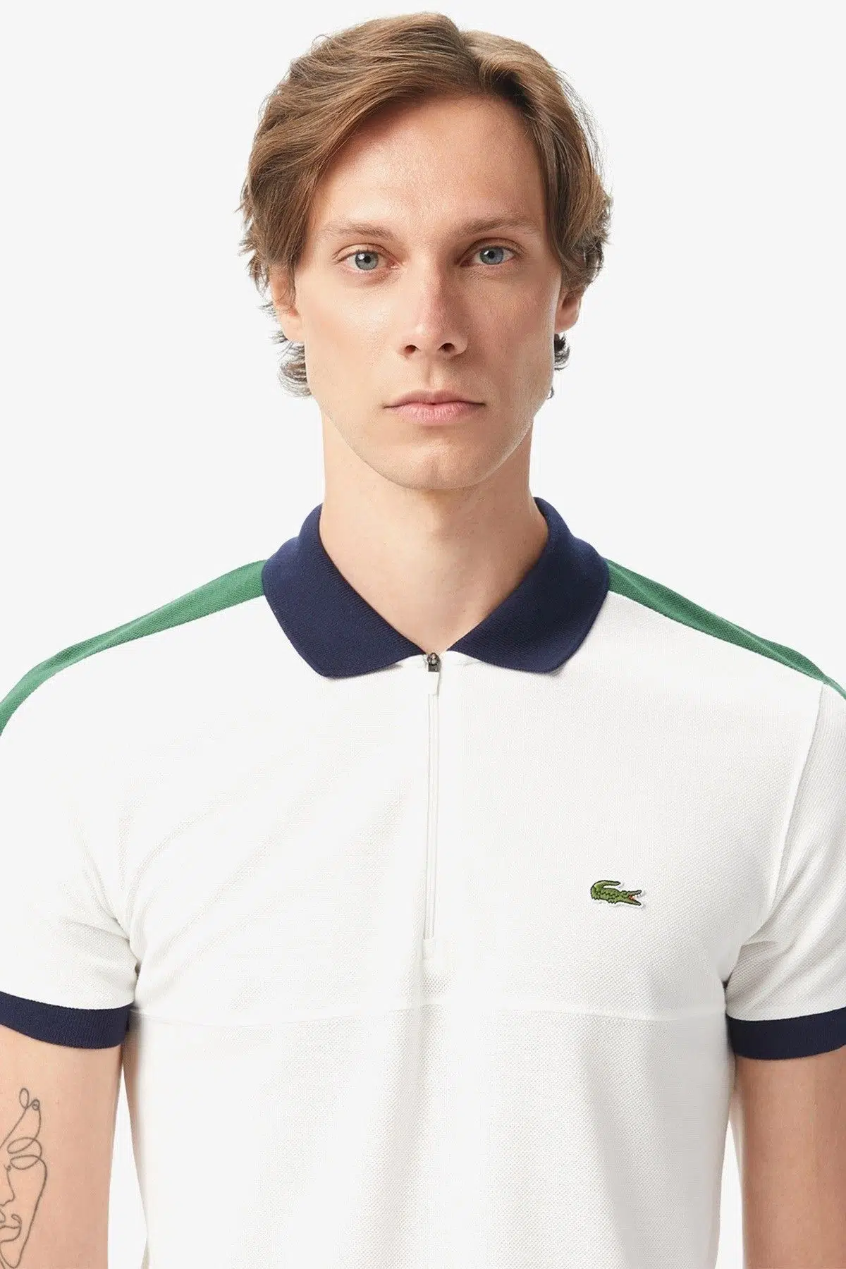 Lacoste Men's Regular Fit Zippered Polo T-shirt Erkek Fermuarlı Polo Yaka Renk Bloklu Tişört Beyaz