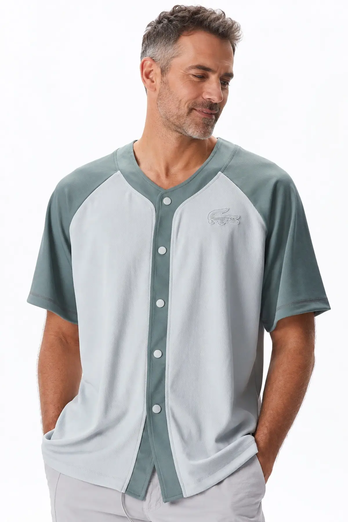 CH2461-61G Lacoste Men's Relaxed Fit Shirt Bol Kesim Erkek Çıt Çıtlı Gömlek Yeşil Gri