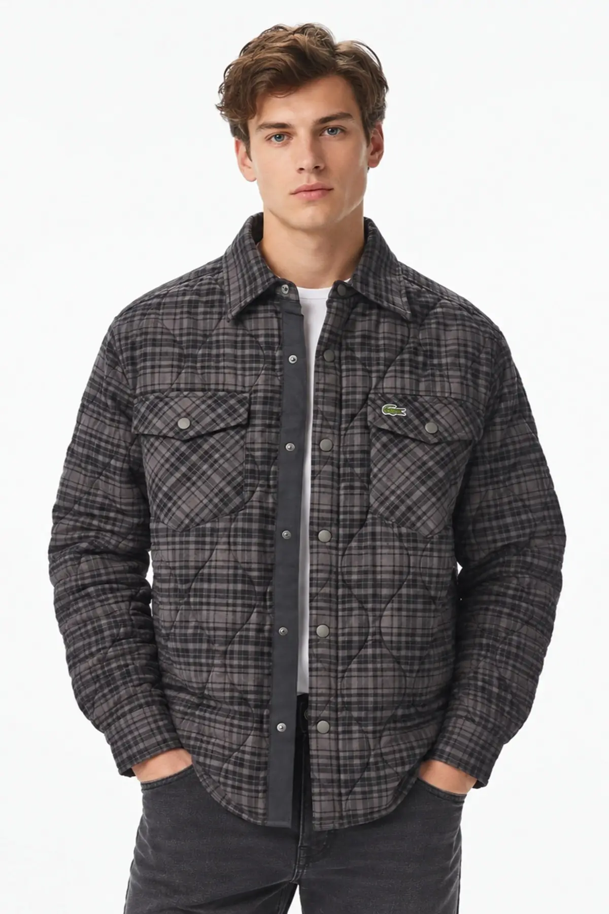 CH2640-E9F Lacoste Men's Relaxed Fit Button-Down Linen Shirt Rahat Kesim Pamuklu Kareli Erkek Gömlek Haki