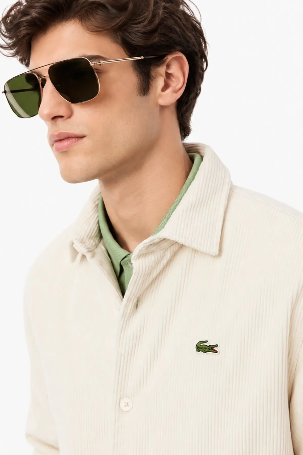 CH2640-E9F Lacoste Men's Relaxed Fit Button-Down Linen Shirt Rahat Kesim Pamuklu Kareli Erkek Gömlek Haki