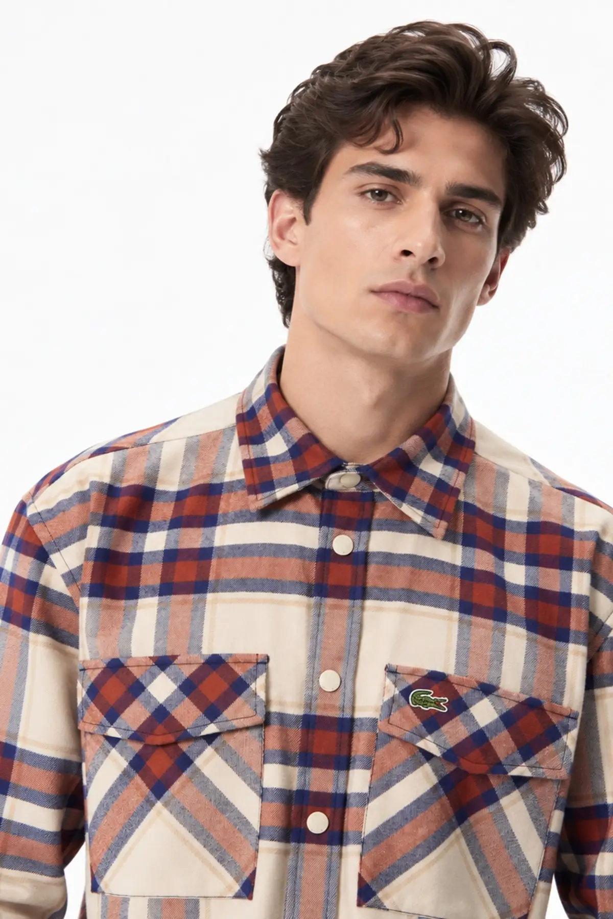 CH2640-BUG Lacoste Men's Relaxed Fit Button-Down Linen Shirt Rahat Kesim Pamuklu Kareli Erkek Gömlek Turuncu-Krem